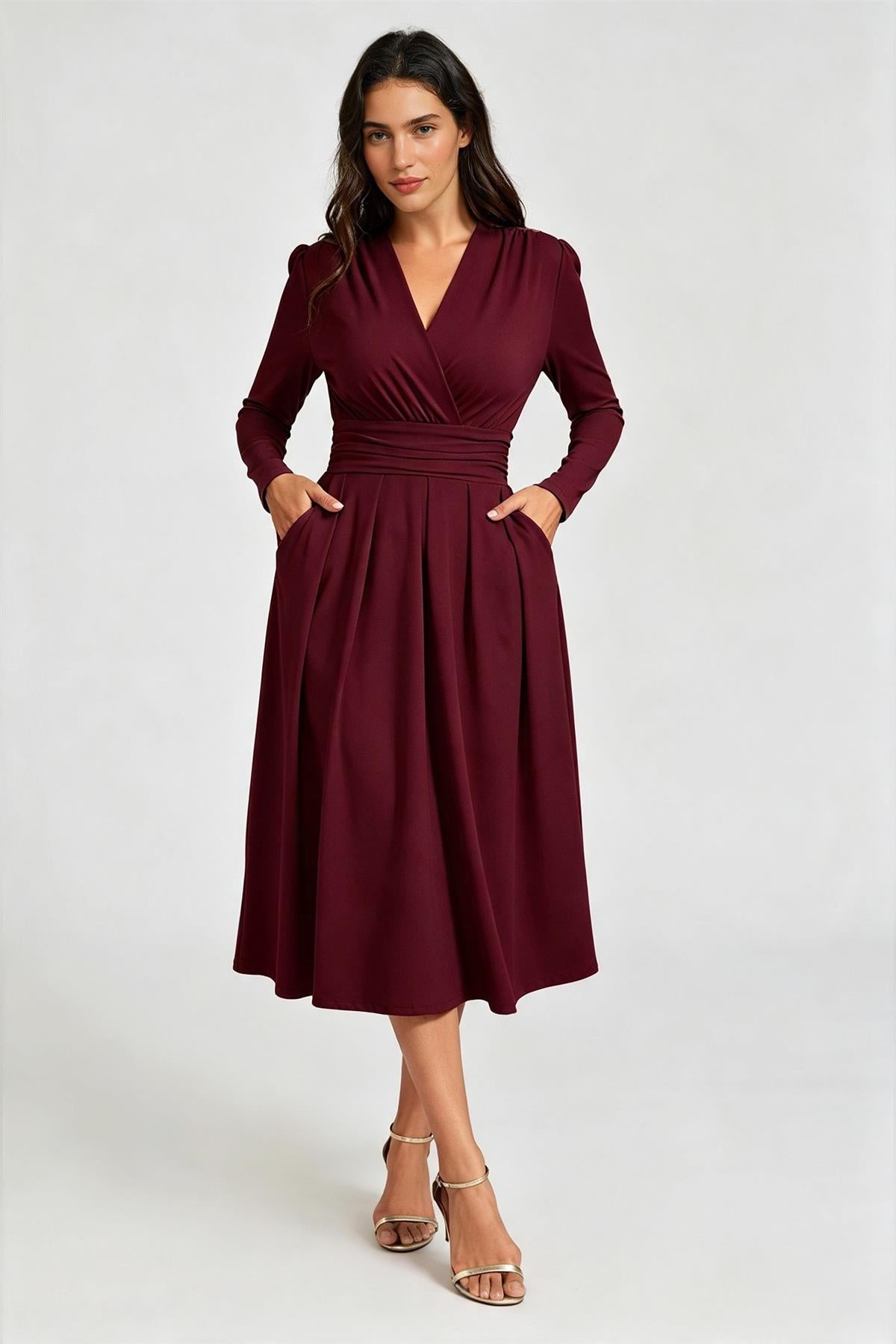 FS Collection Burgundy Jersey Long Sleeve Midi Dress