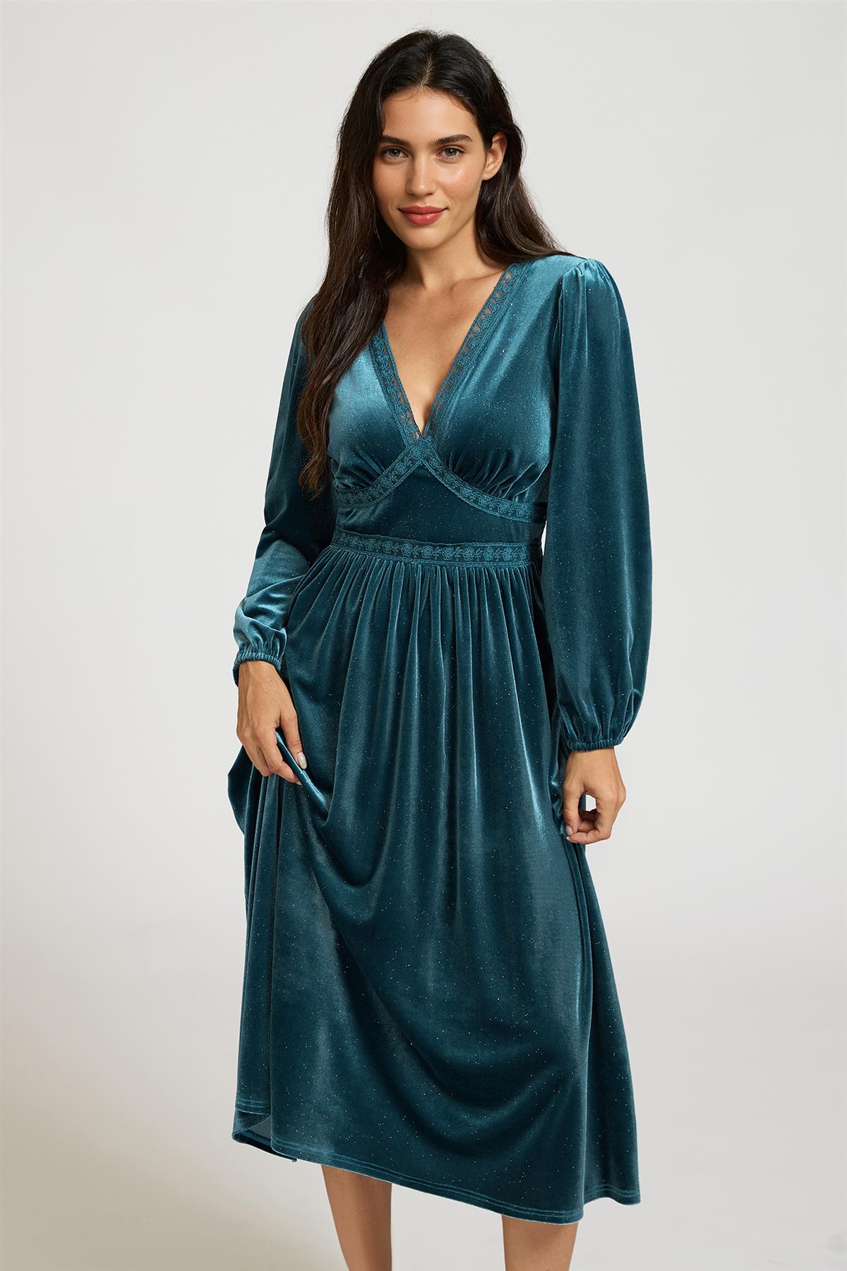 FS Collection Silver Foil Velvet Lace Trim Neckline Midi Dress In Teal