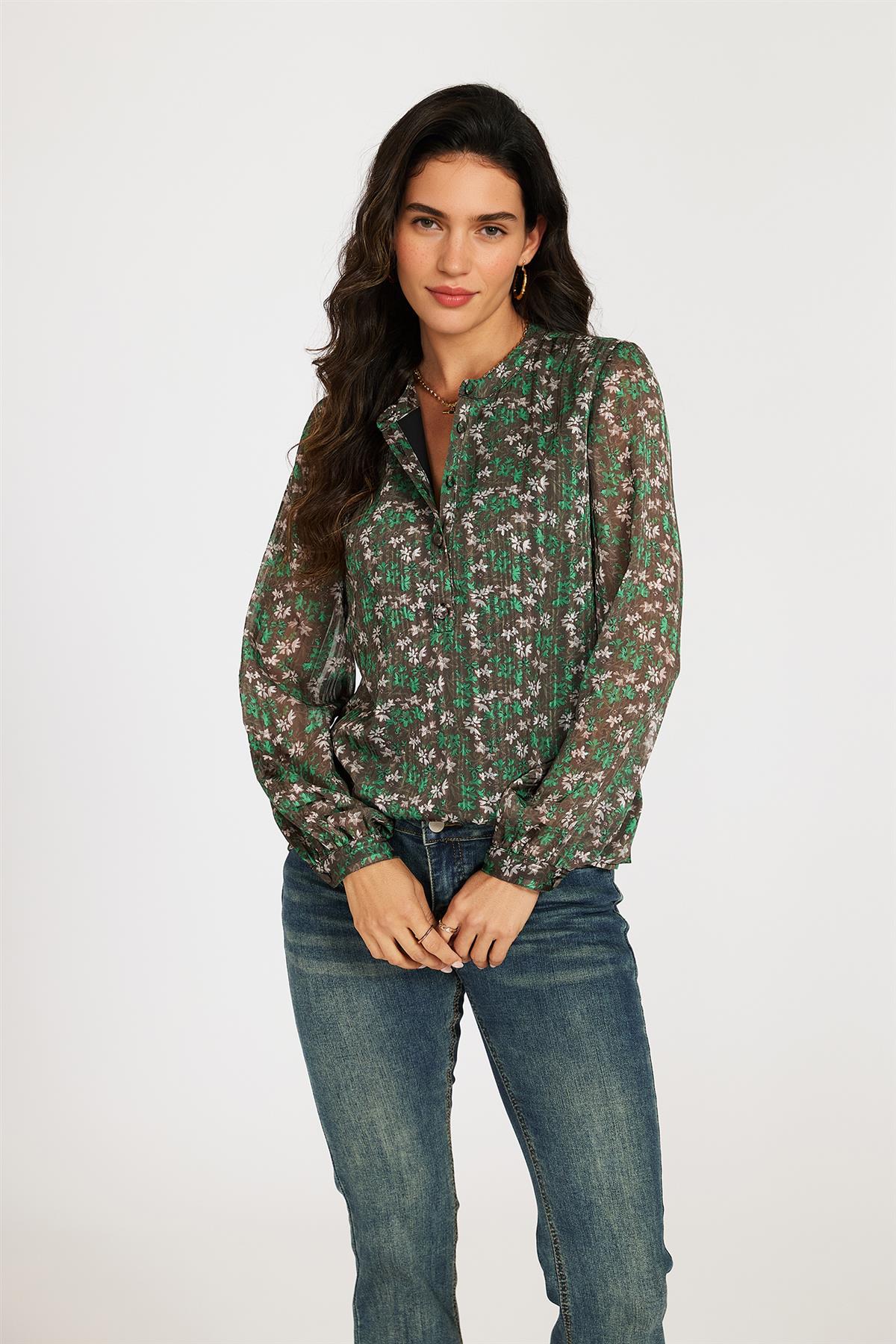 FS Collection Silver Thread Print Long Sleeve Sheer Blouse In Brown