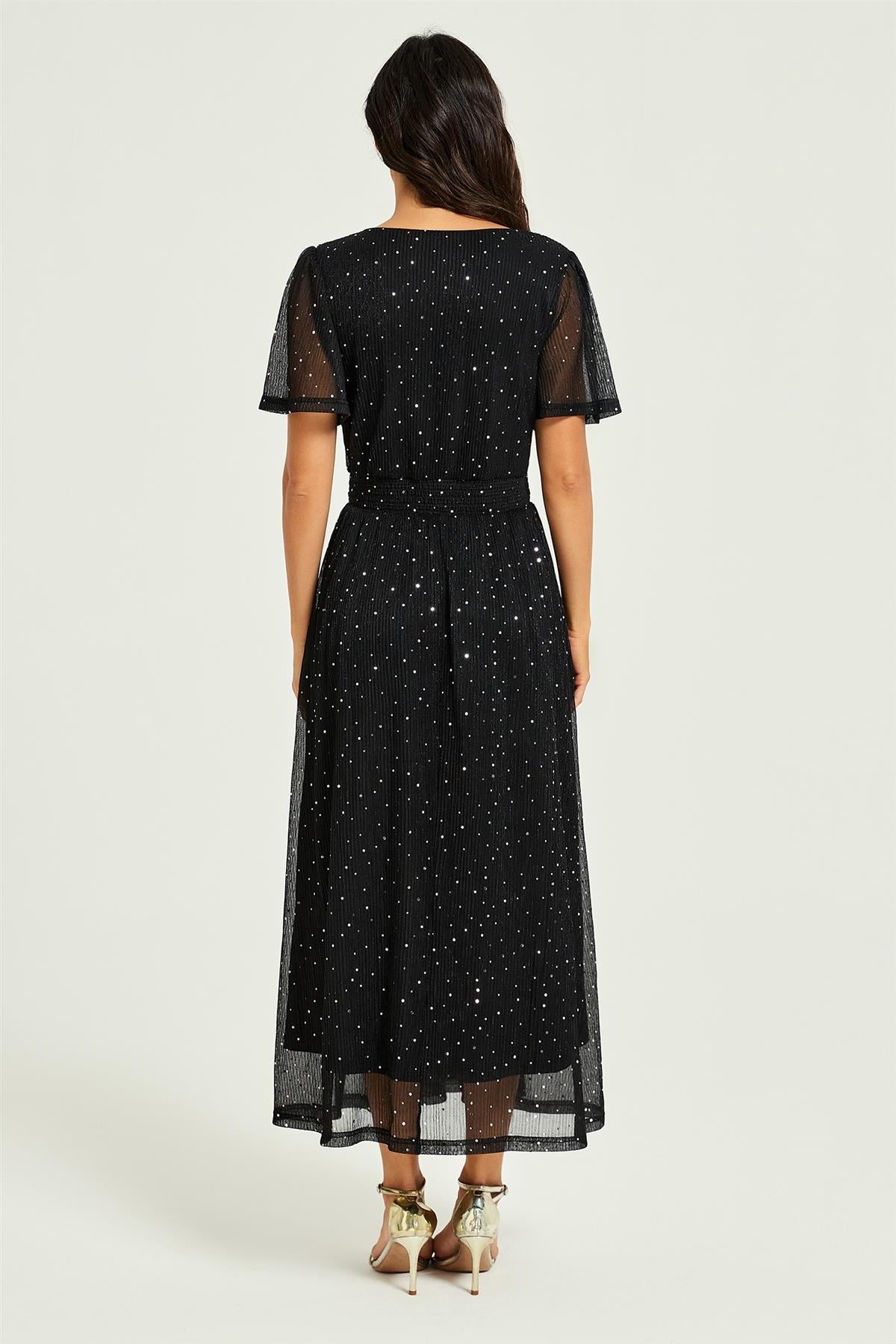 Silver Sequin Pleated Ruched Waist Midi Dress Black