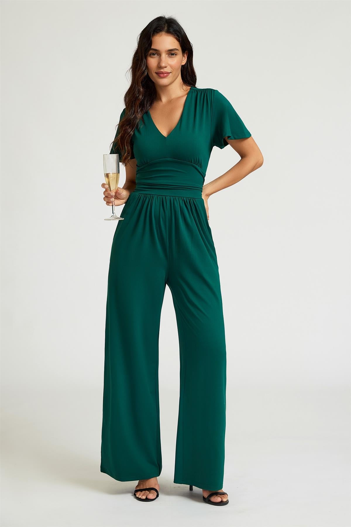 FS Collection V-Neck Ruched Waist Jumpsuit In Green