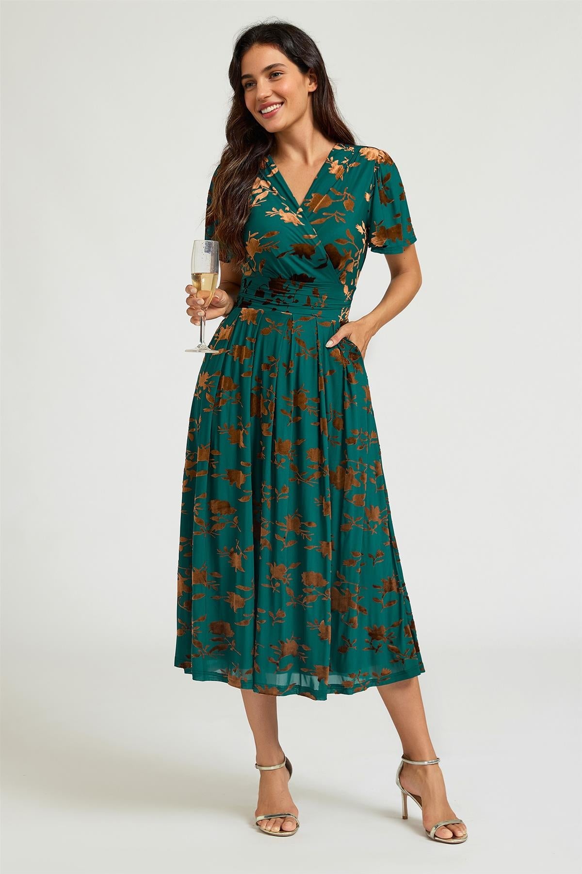 FS Collection Velvet Flock Short Sleeve Midi Dress In Jade Green