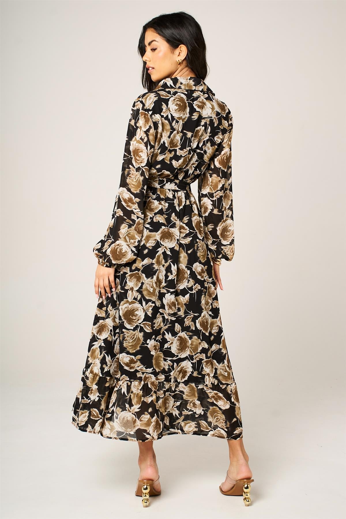 Brown Floral Print Shirt Midi Dress In Black