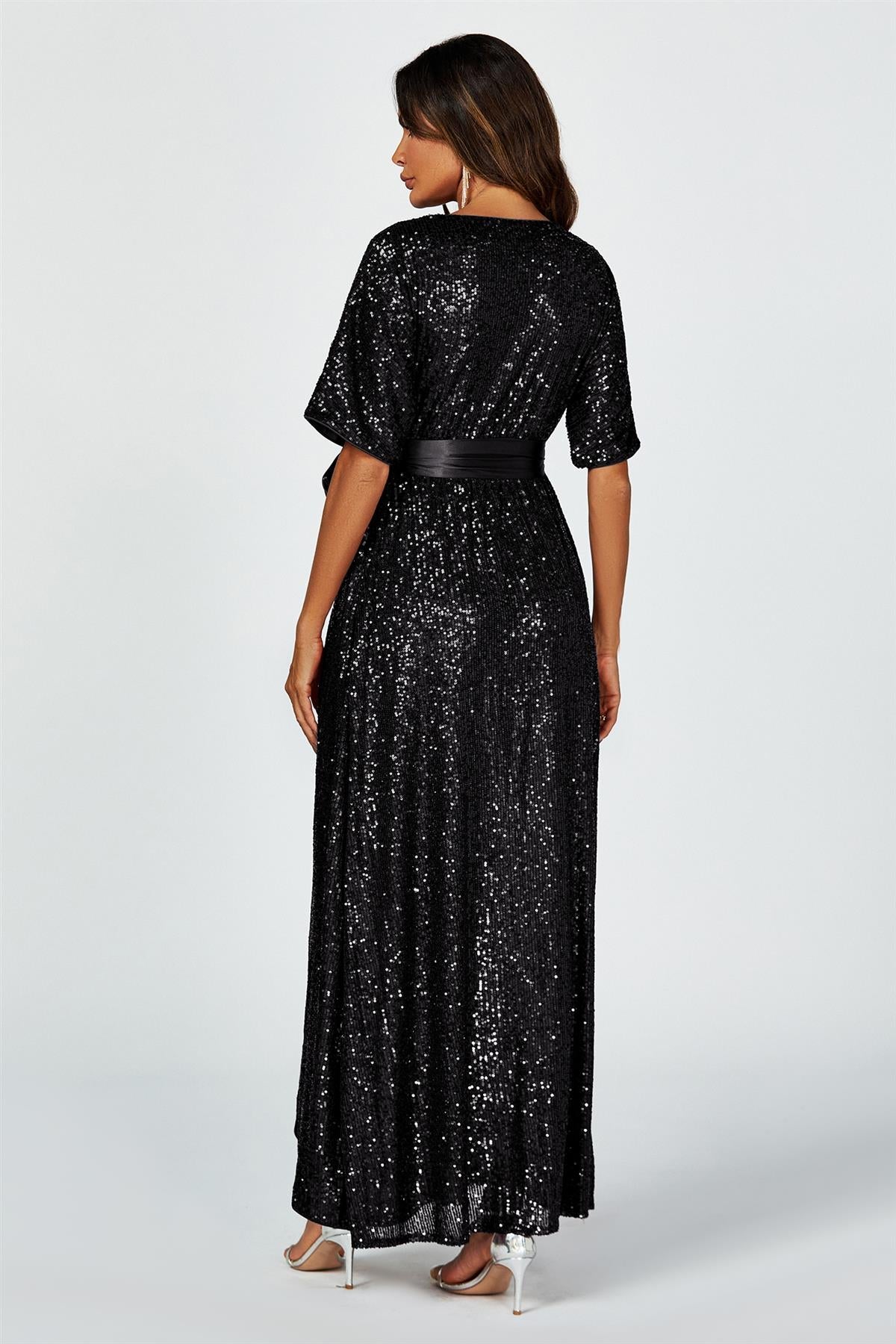 FS Collection Wrap Style Sequin Maxi Dress In Black