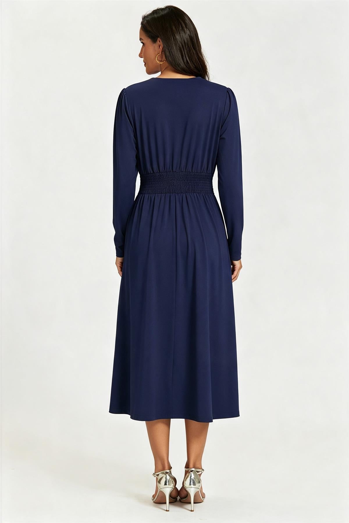 FS Collection Jersey Navy Blue Long Sleeve Midi Dress