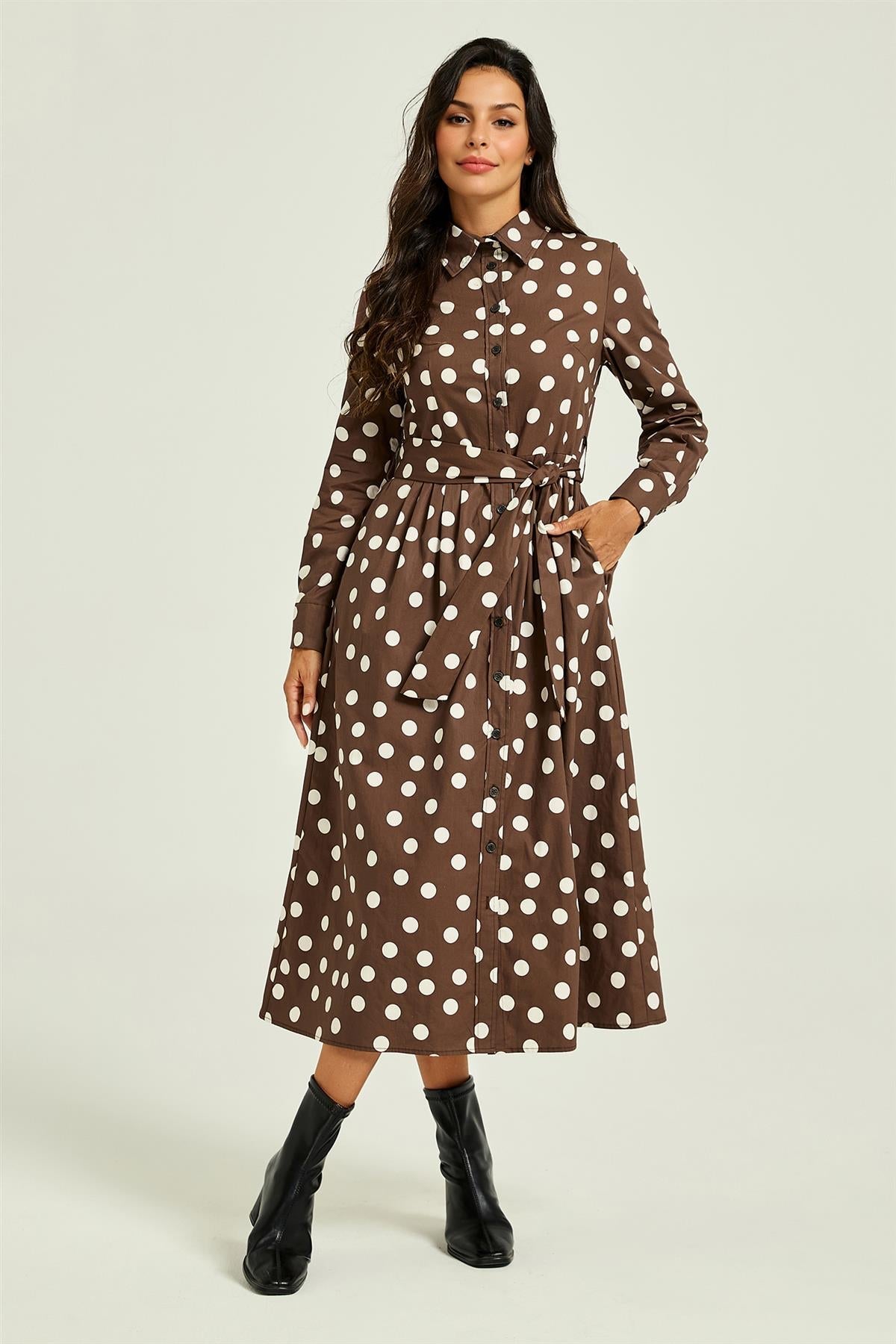 FS Collection Brown Dot Print Long Sleeve Midi Shirt Dress