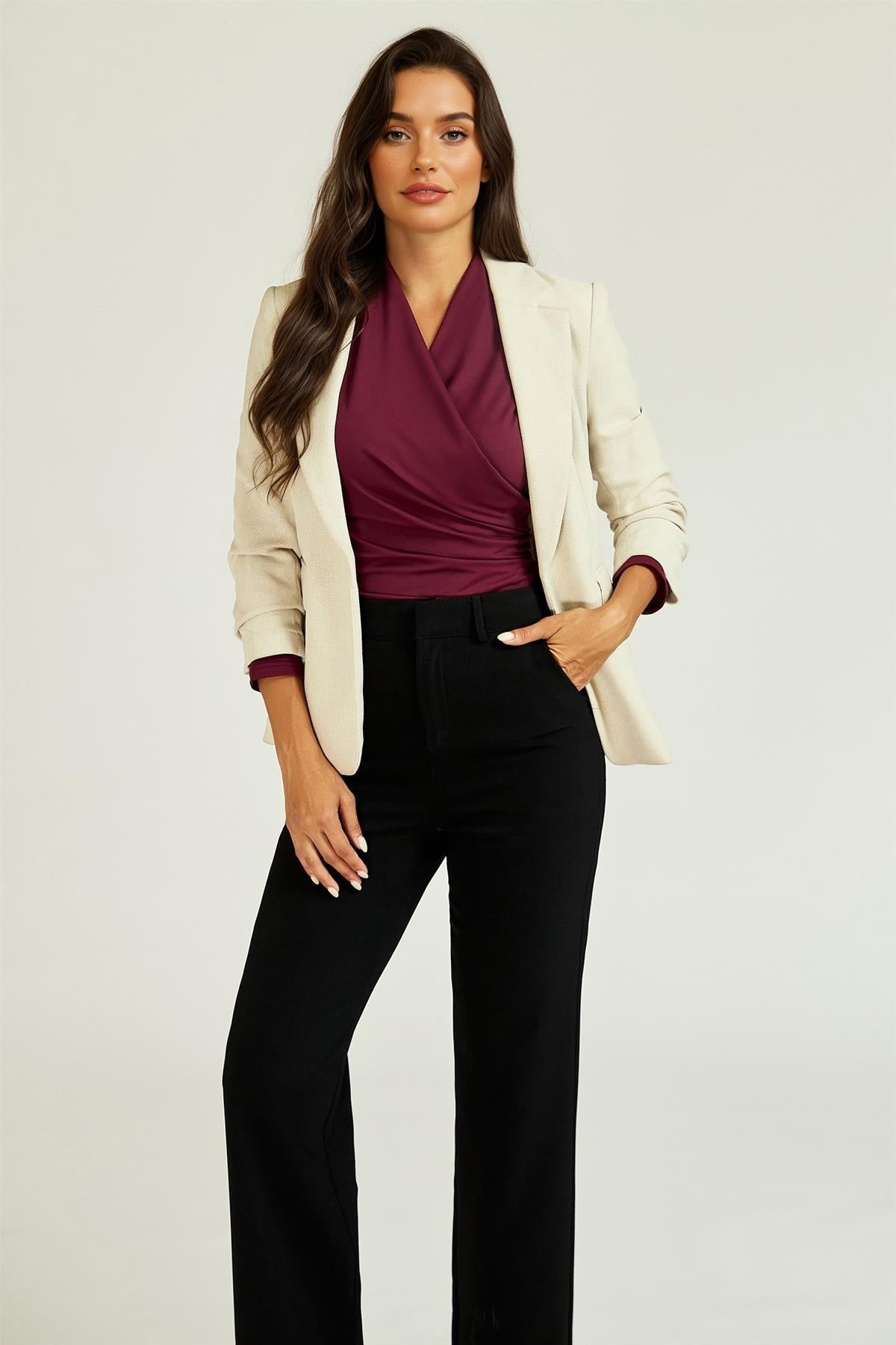 Long Sleeve Wrap Neck Ruched Top In Wine
