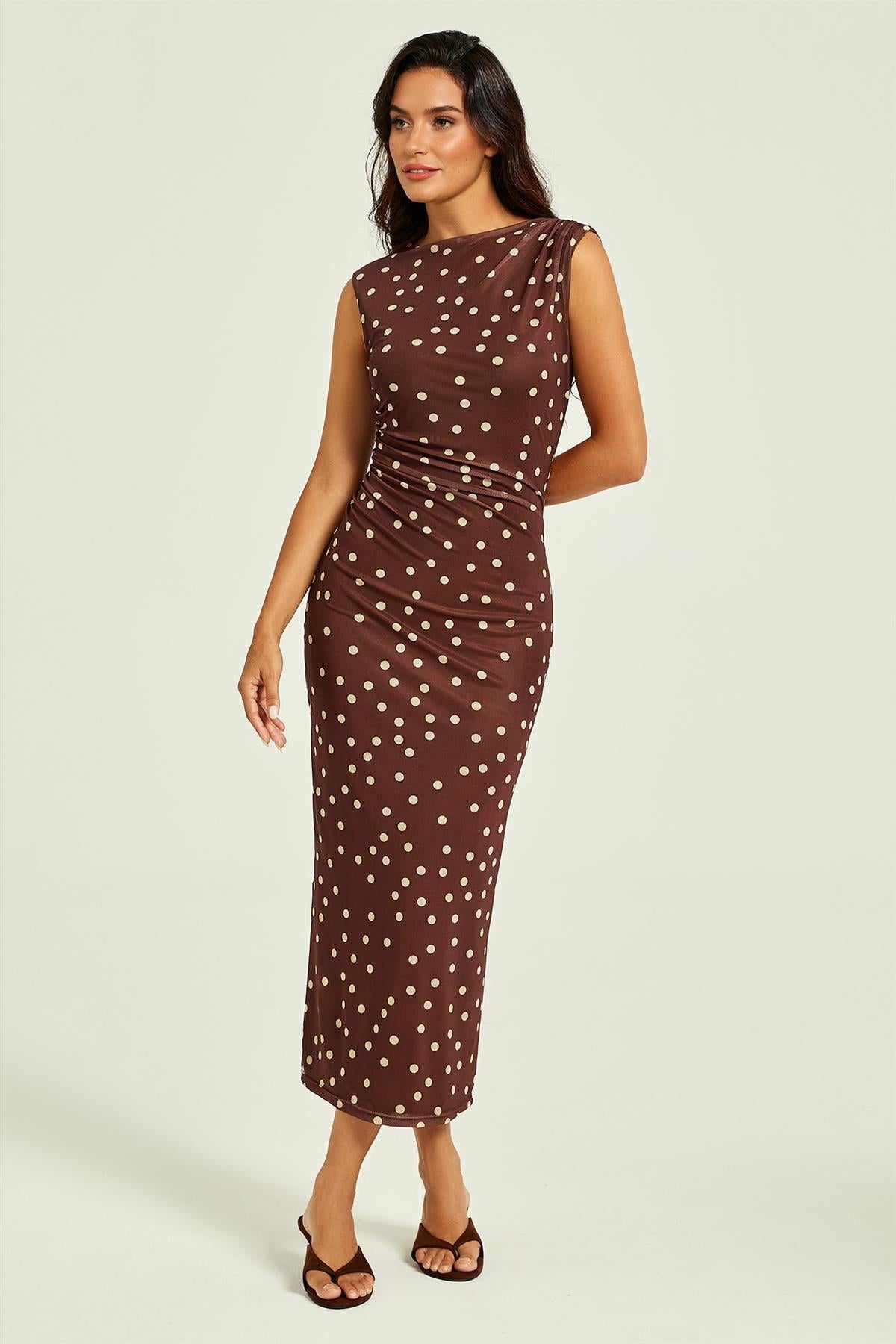 FS Collection Polka Dot Print Mesh Midi Dress In Brown