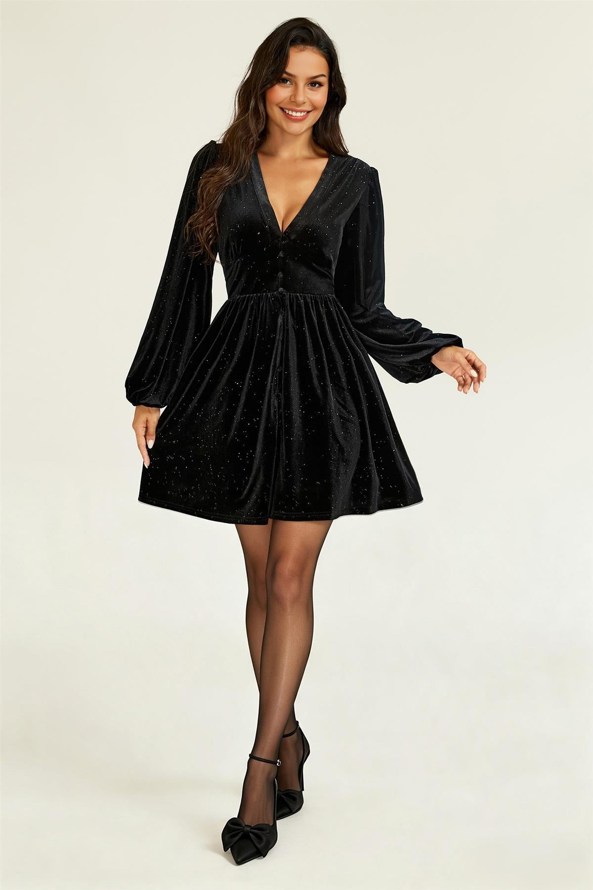 Sparkly Star Night Velvet Long Sleeve Mini Dress In Black