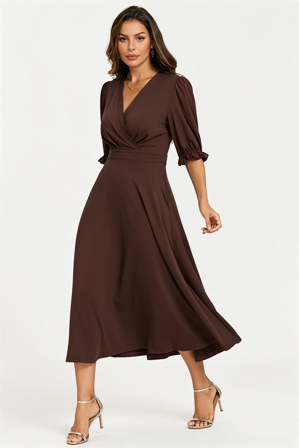 FS Collection Half Sleeves Jersey Midi Dress with Wrap Neckline In Chocolate