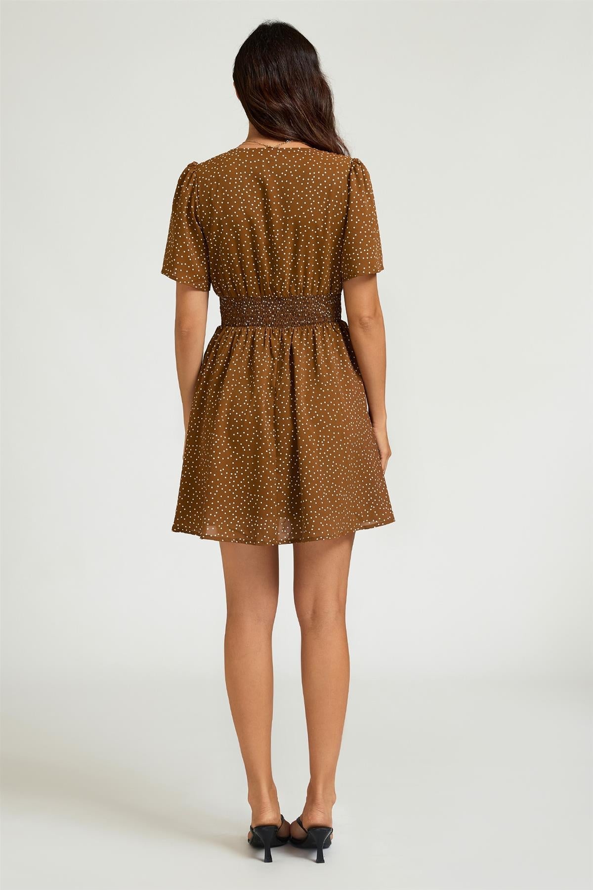 Dot Print Short Sleeve Mini Dress In Brown