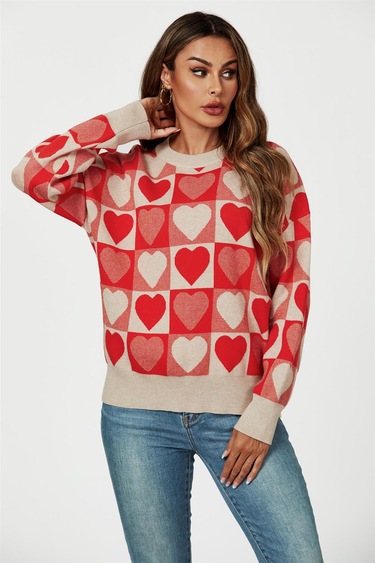 FS Collection Heart Pattern Knitted Jumper In Red