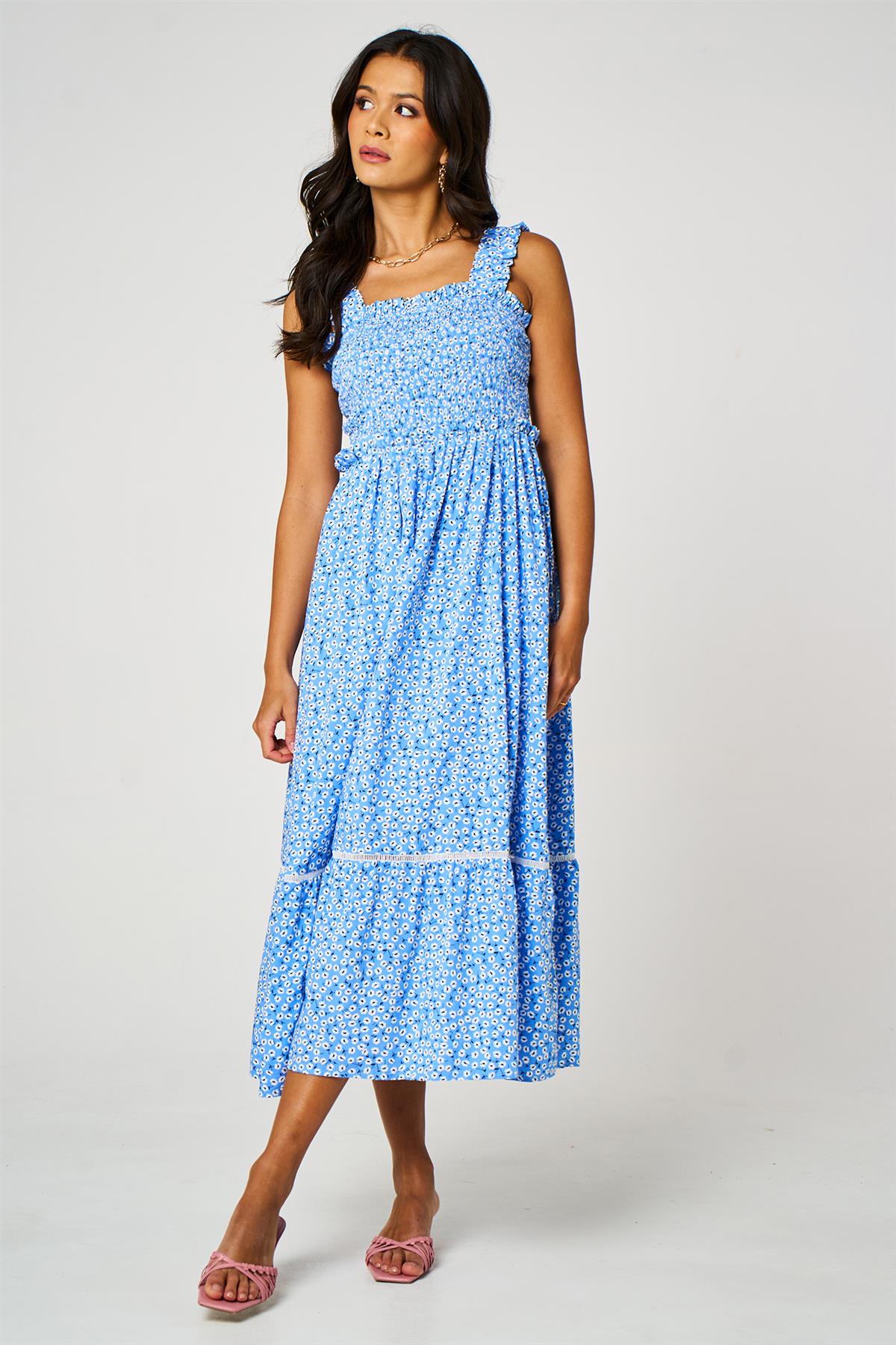 FS Collection Little Floral Print Hem Detail Maxi Dress In Blue