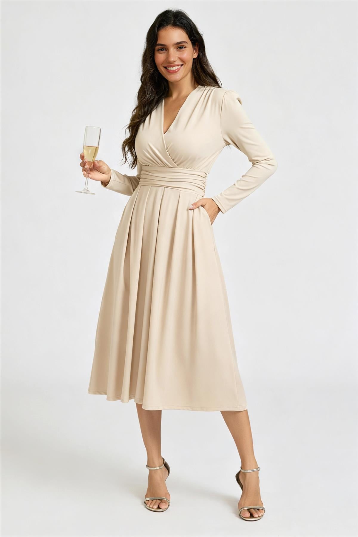 FS Collection Jersey Long Sleeve Midi Dress In Light Oat