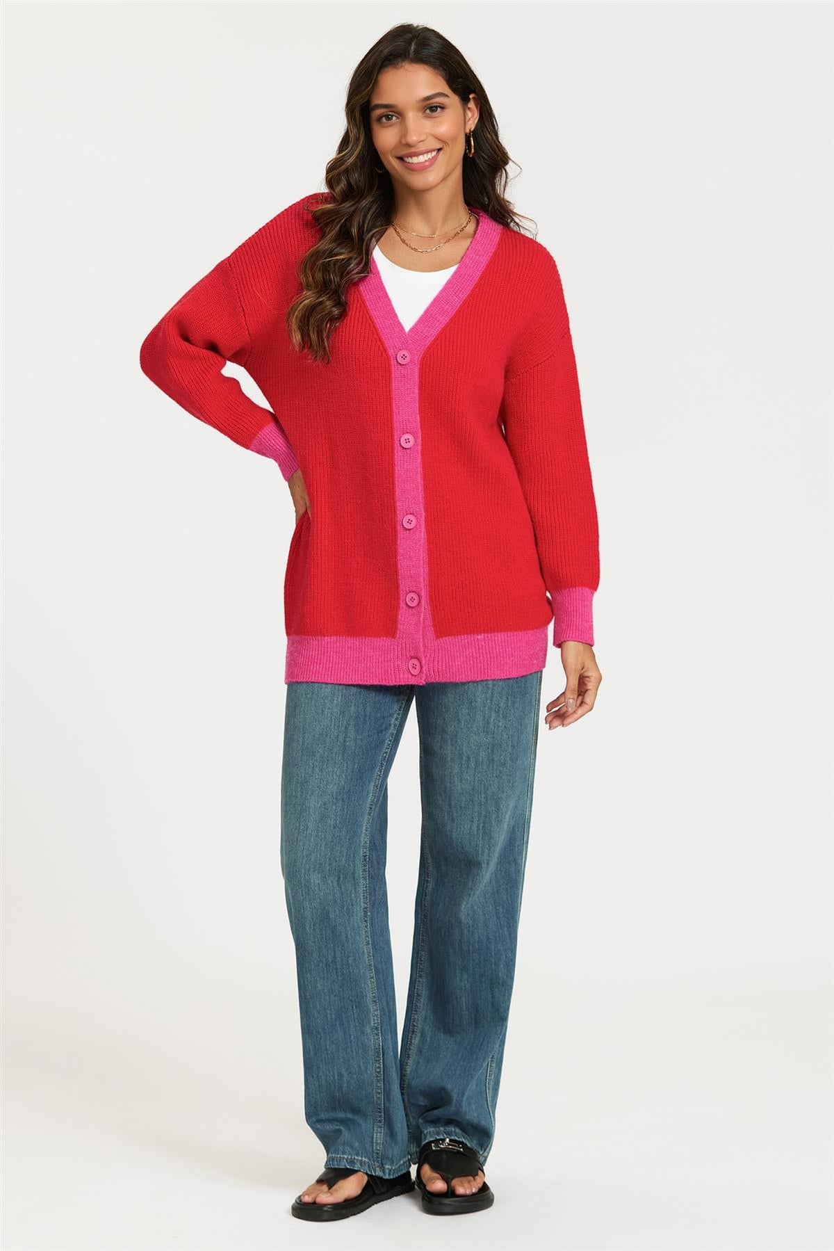 FS Collection Heart Embroidery Pink Stripe Trim Cardigan Top In Red
