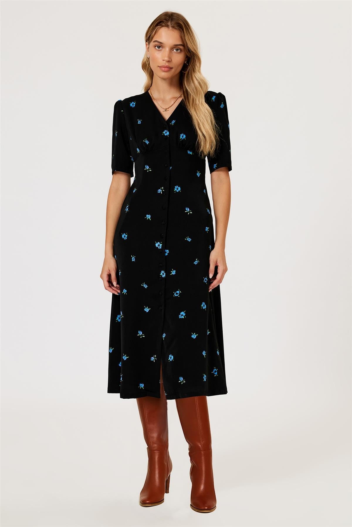FS Collection Black & Blue Floral Print Button Front Midi Dress