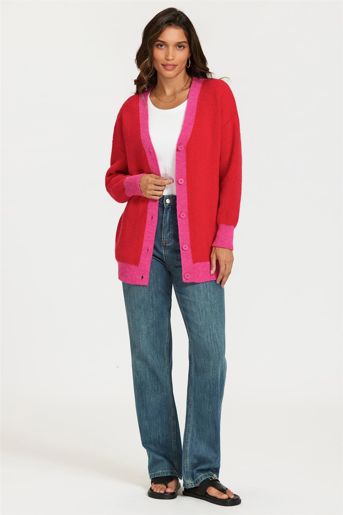FS Collection Heart Embroidery Pink Stripe Trim Cardigan Top In Red