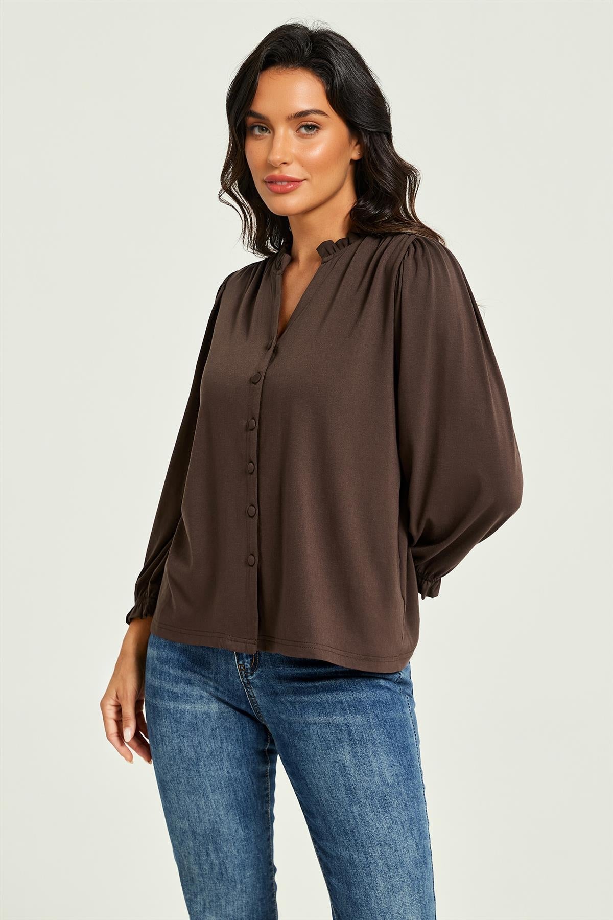 Frill Neck Long Sleeve Jersey Blouse Brown