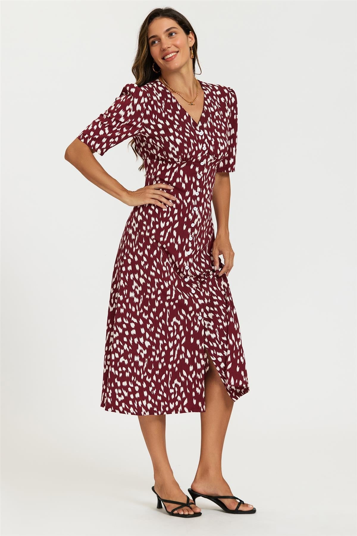 FS Collection Brushstroke Print Button Front Midi Dress In Burgundy