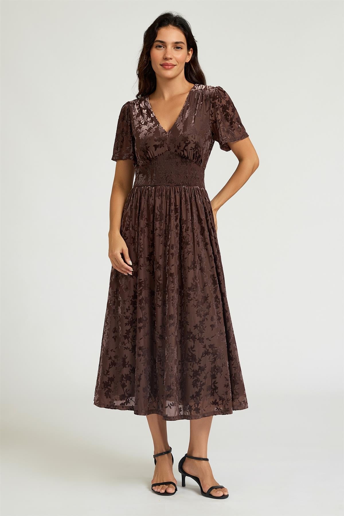 FS Collection Brown Velvet Burnout V-Neck Angel Sleeve Midi Dress
