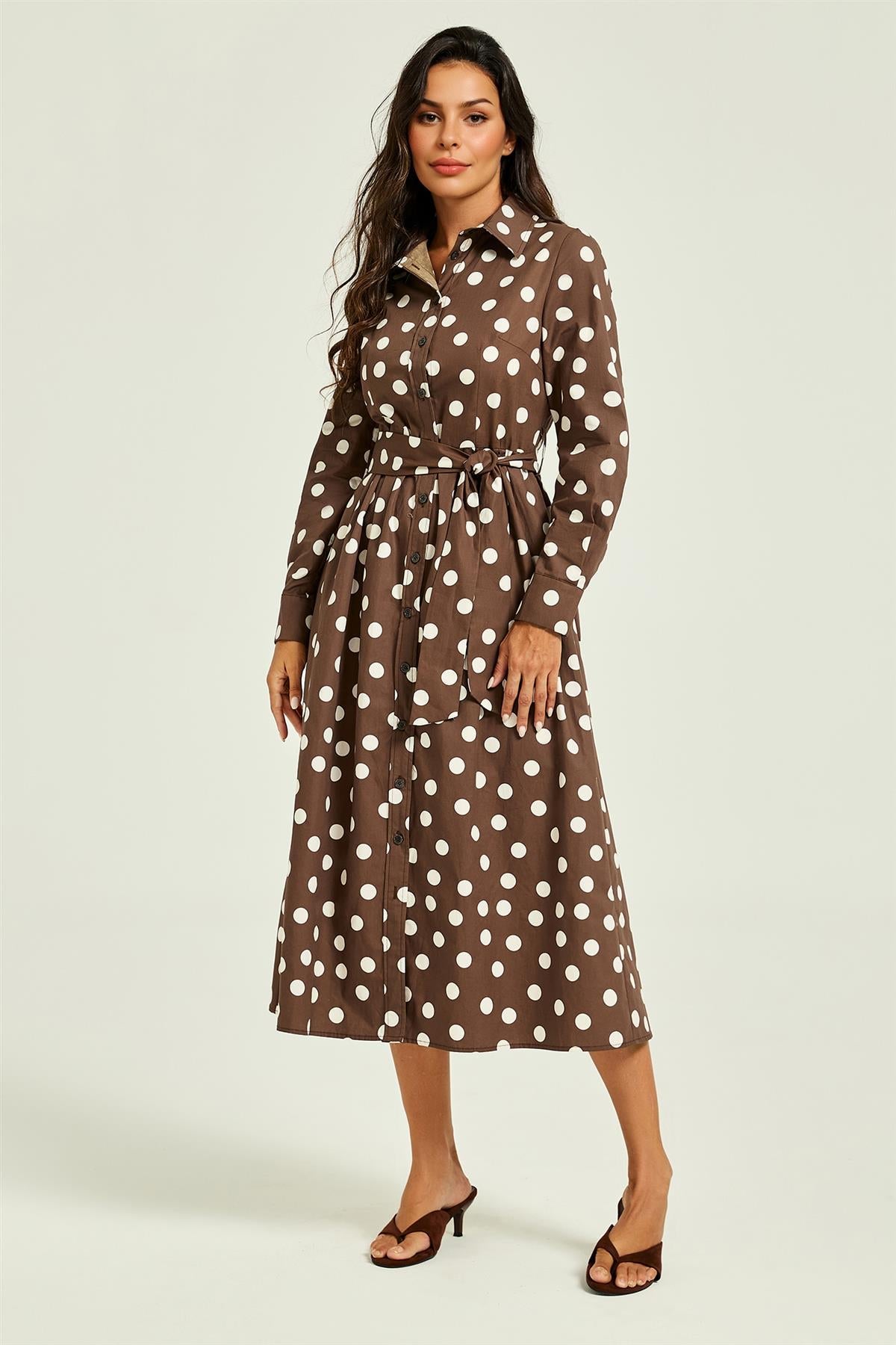 FS Collection Brown Dot Print Long Sleeve Midi Shirt Dress