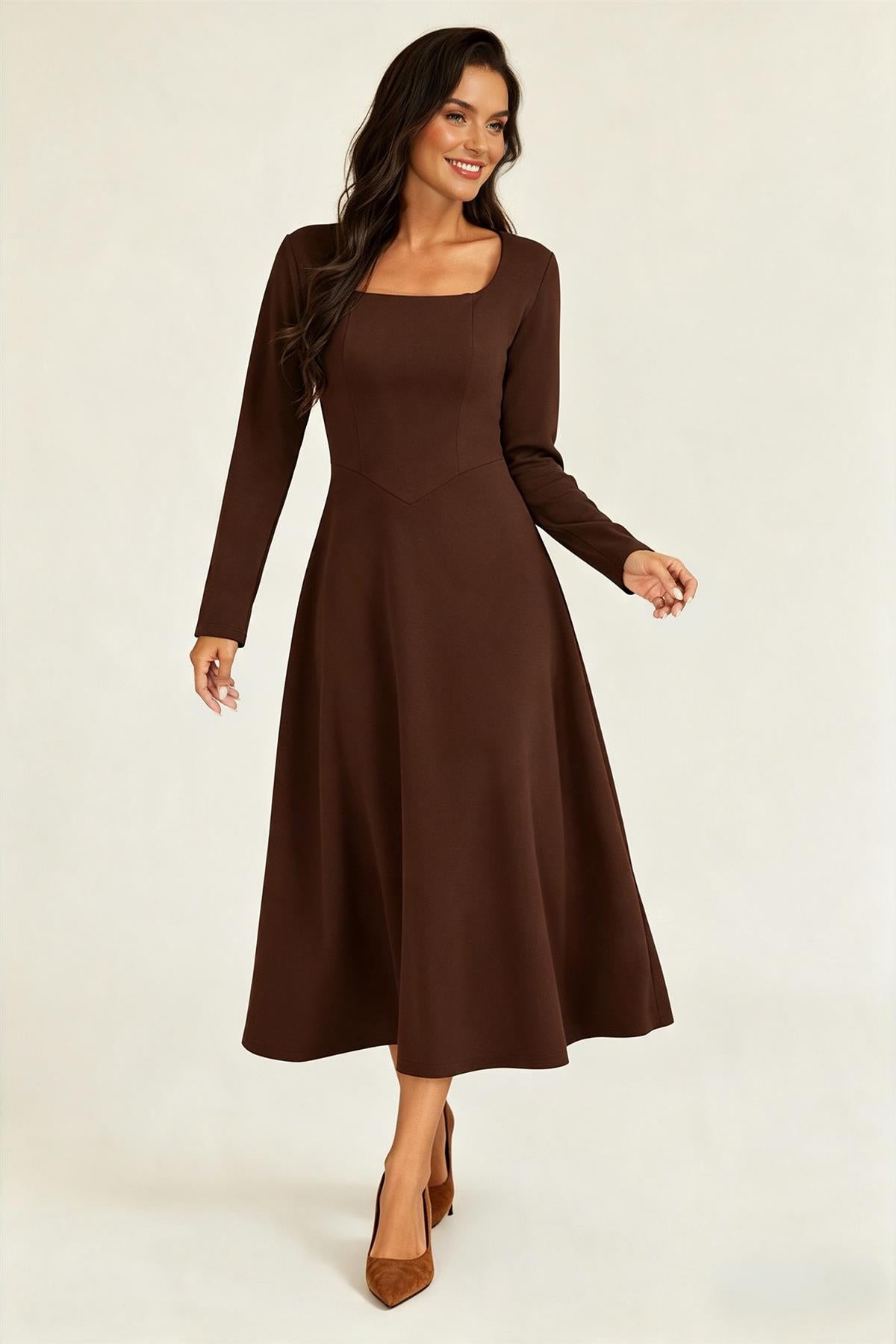 FS Collection Square Neck Long Sleeve Fit & Flare Midi Dress Espresso