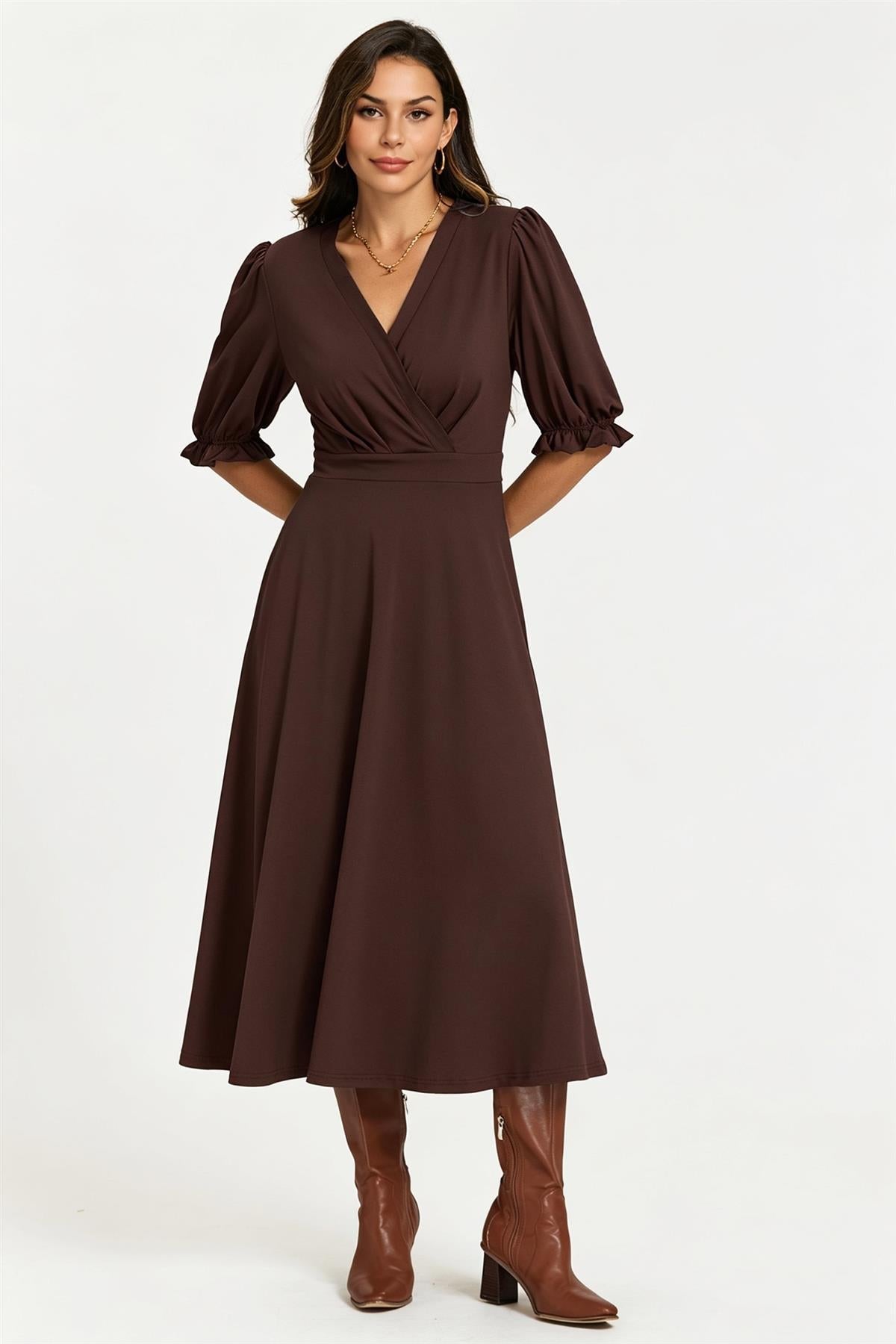 FS Collection Half Sleeves Jersey Midi Dress with Wrap Neckline In Chocolate