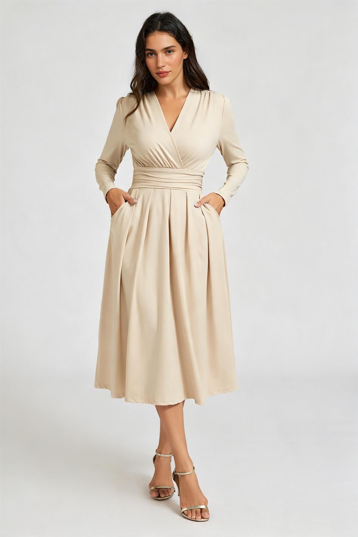 FS Collection Jersey Long Sleeve Midi Dress In Light Oat