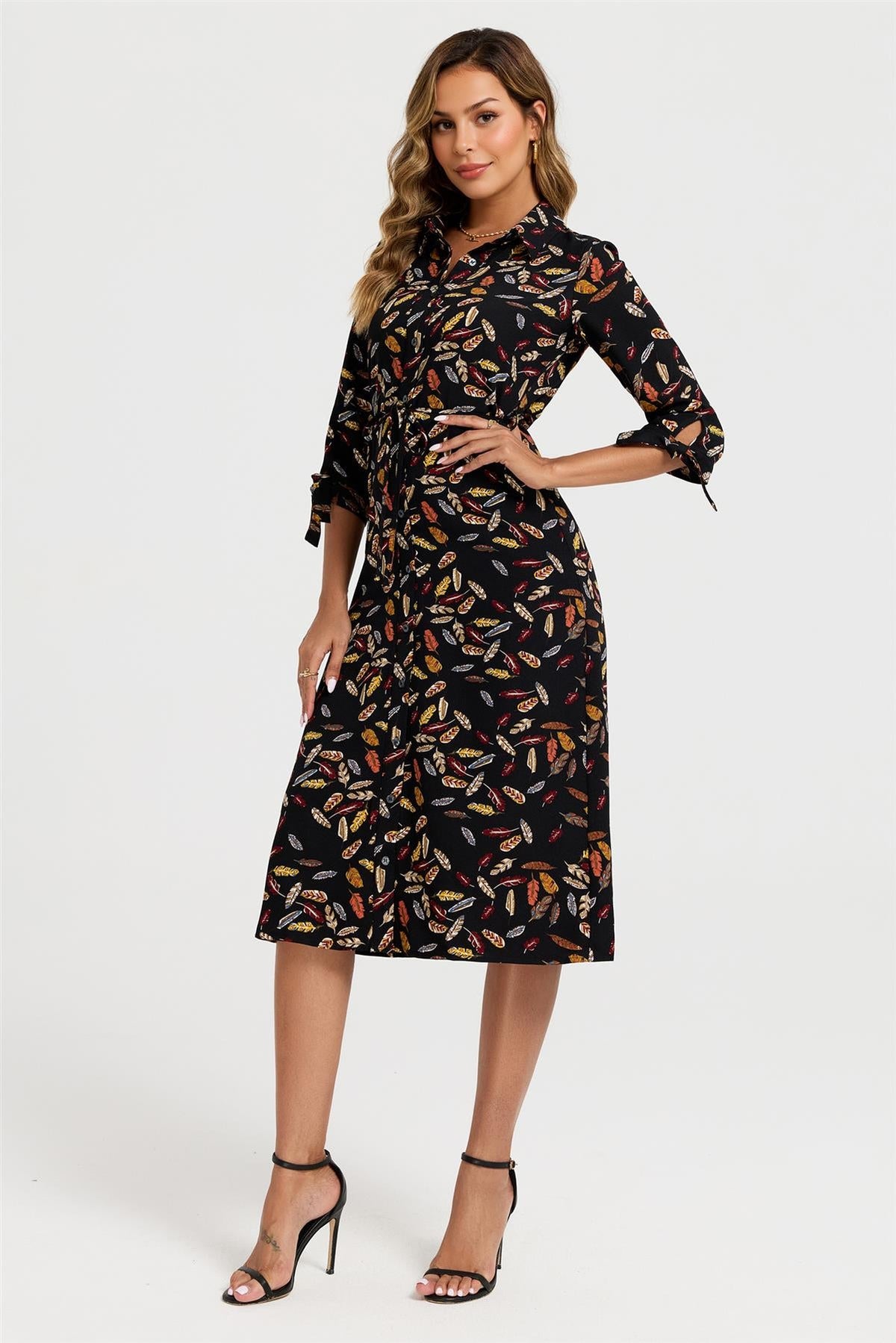 Leaf Print Tie On Sleeves Midi Shirt Dress In Black