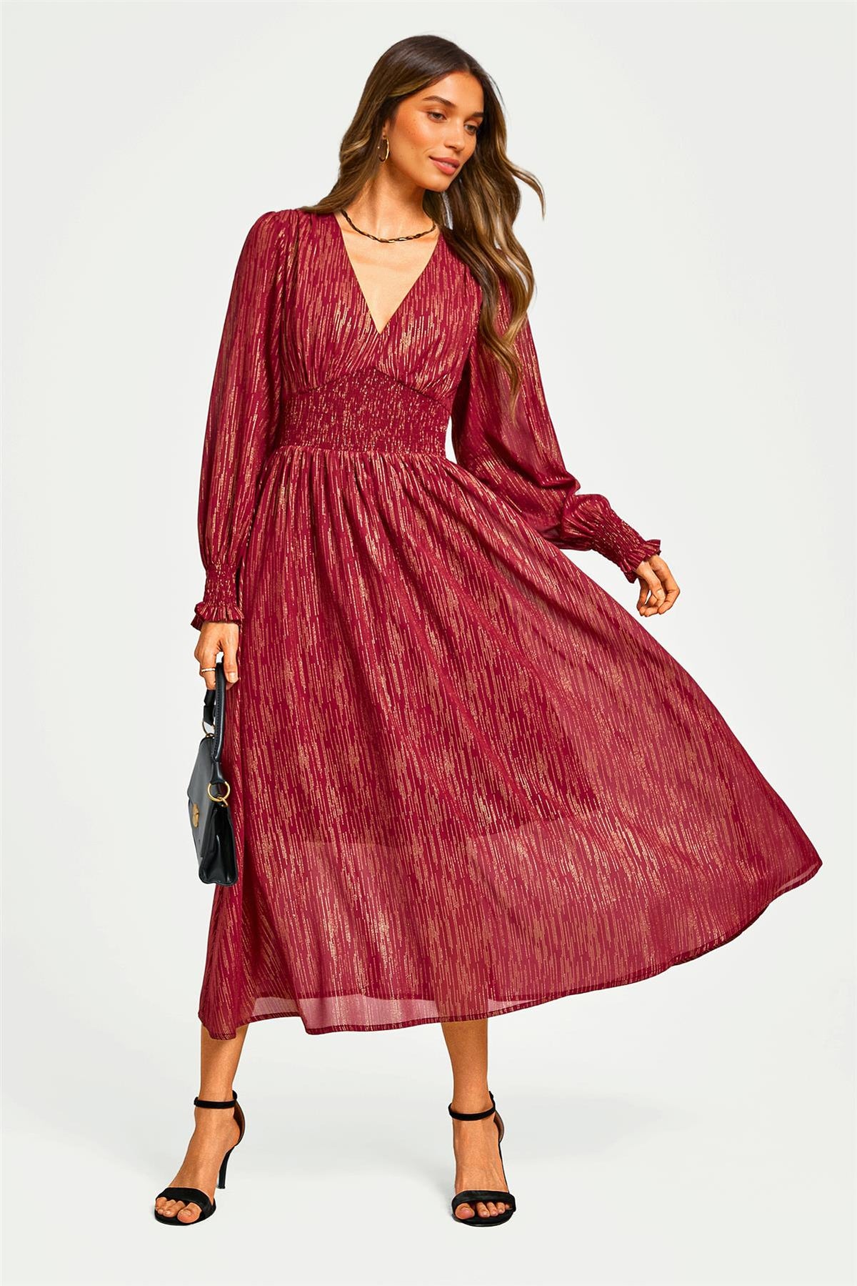 Gold Stripe Foil Long Sleeve Maxi Dress In Wine