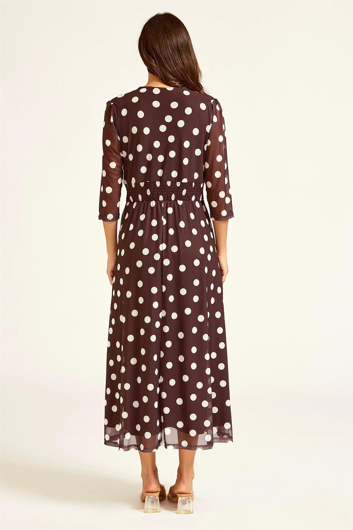 FS Collection Polka Dot Mesh Wrap Neck 3/4 Sleeve Midi Dress In Brown