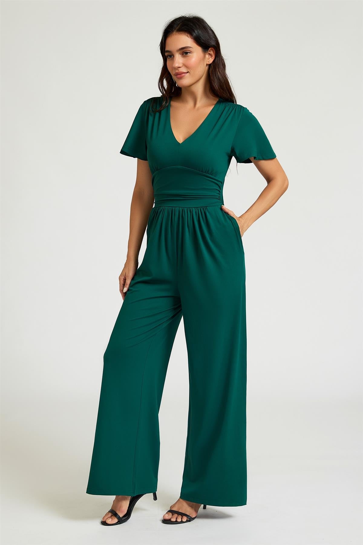FS Collection V-Neck Ruched Waist Jumpsuit In Green