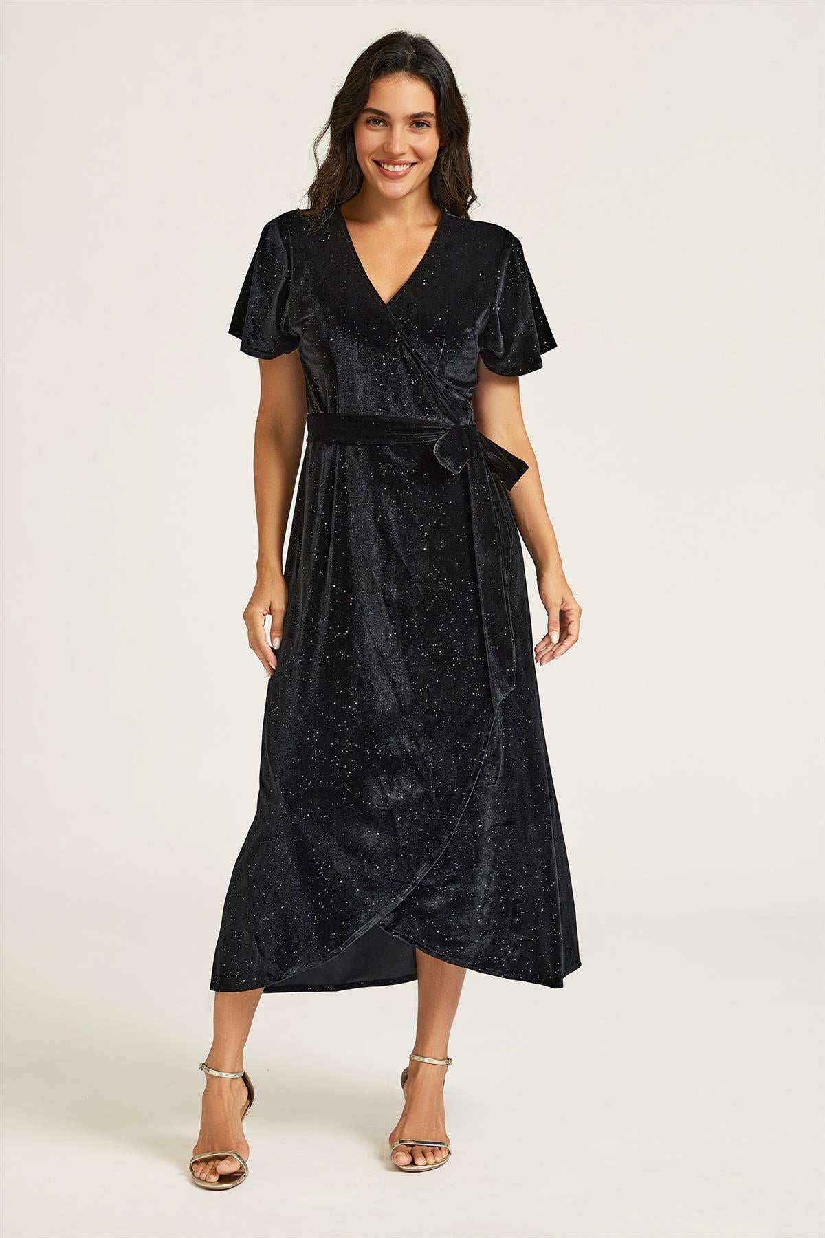 FS Collection Black Sparkly Star Night Velvet Wrap Midi Dress