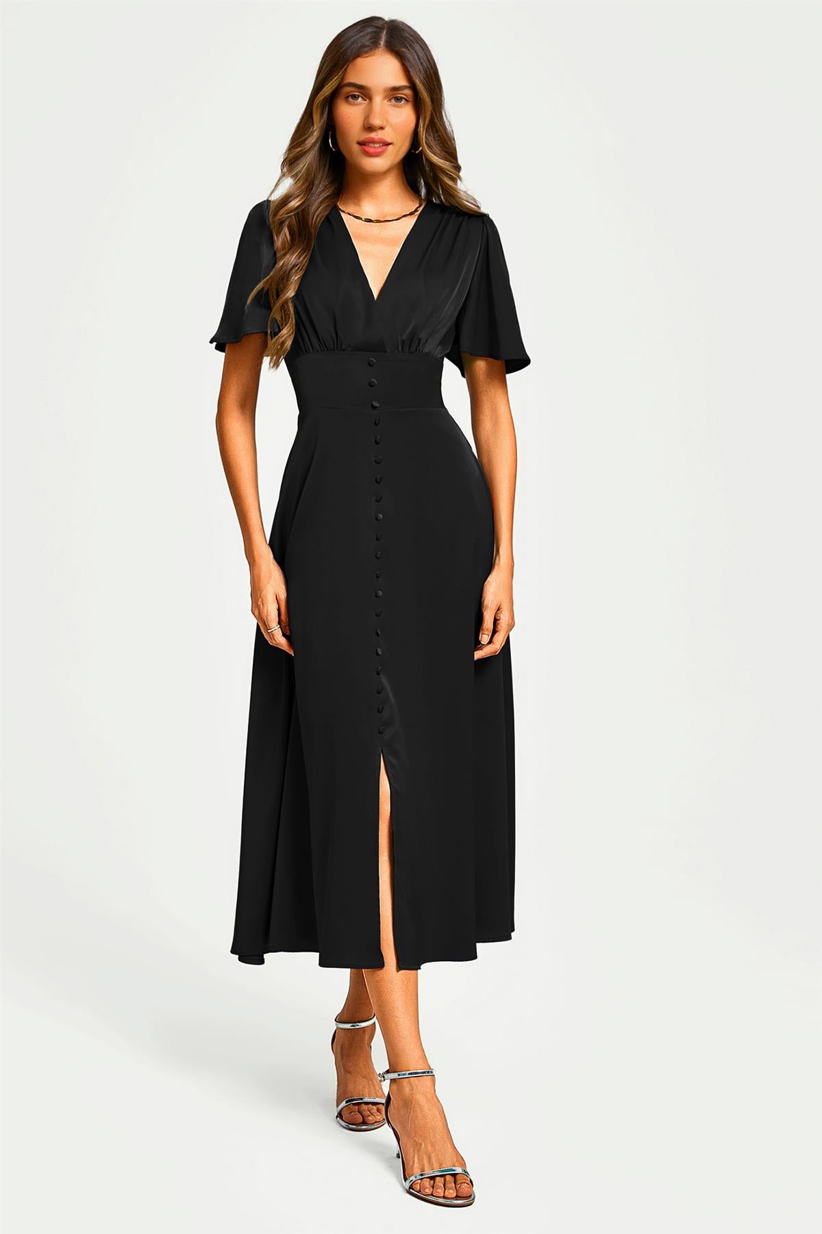 FS Collection Satin V neckline Button Detail Dress In Black