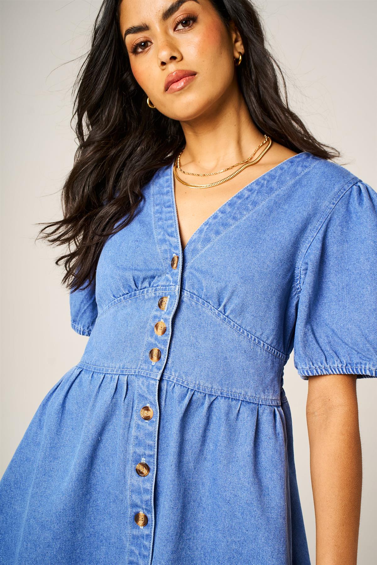 FS Collection Puff Sleeve Button Down Denim Mini Dress In Light Blue