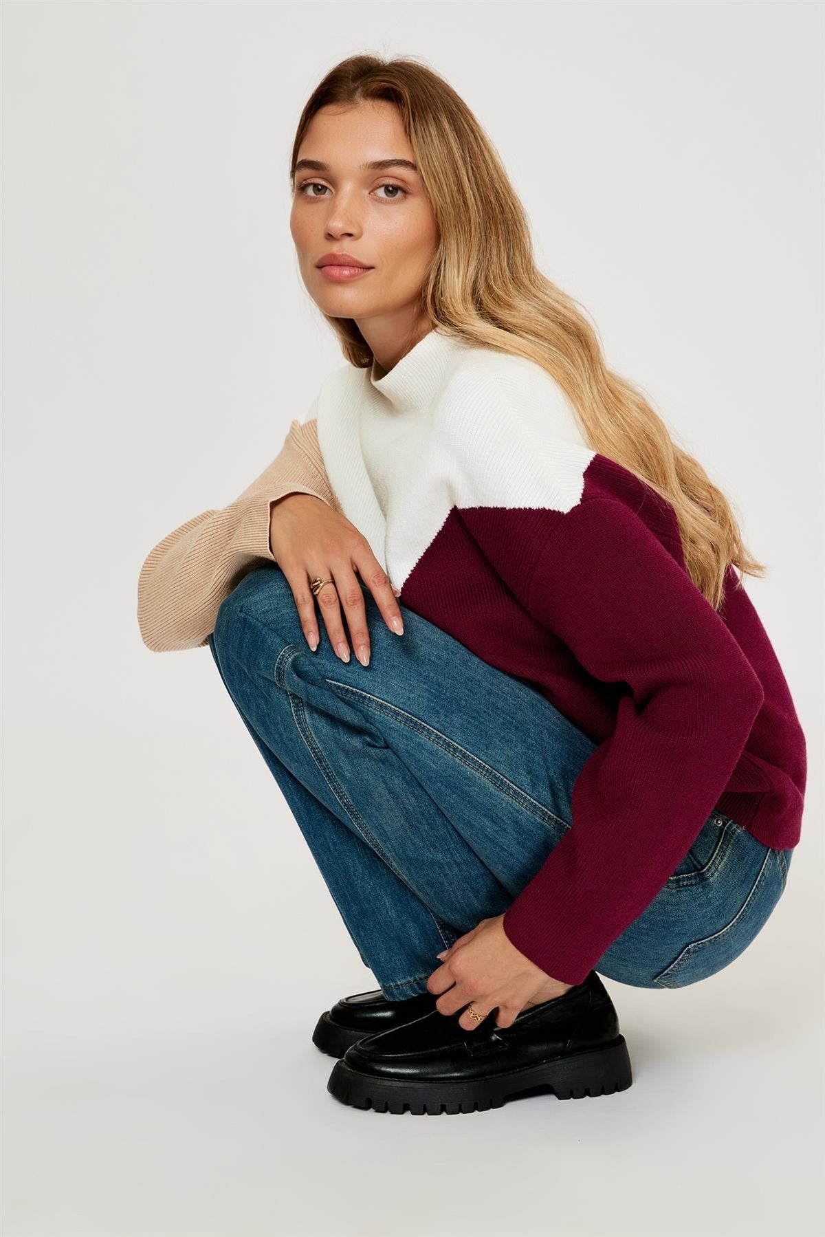 FS Collection Colour Block Jumper Top In Camel & Wine & White