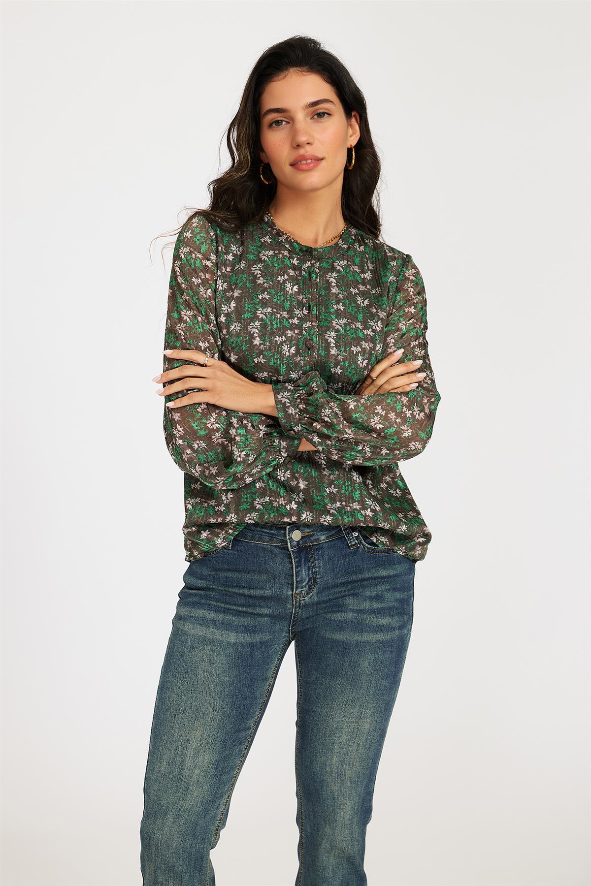 FS Collection Silver Thread Print Long Sleeve Sheer Blouse In Brown