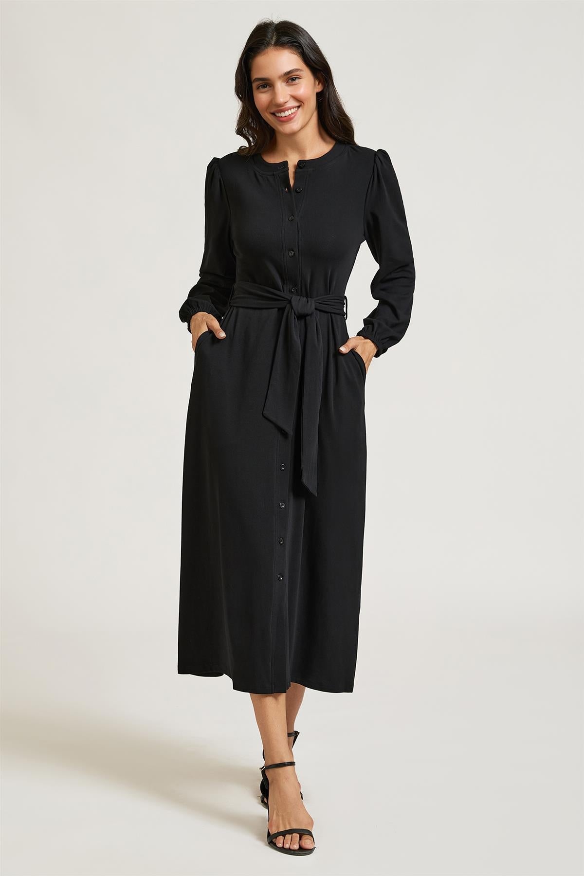 FS Collection Black Long Balloon Sleeve Jersey Midi Shirt Dress