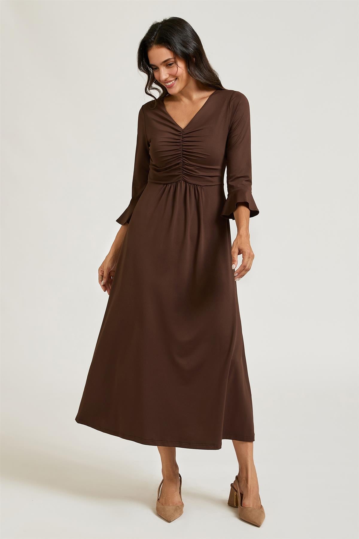 Fluted Sleeves Ruched Jersey Midi Dress In Brown