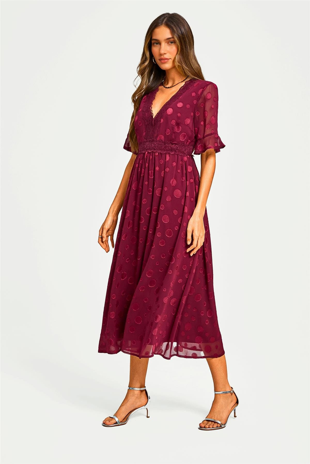 Polka Dot Jacquard Long Sleeve Lace Trim V Neck Maxi Dress In Wine