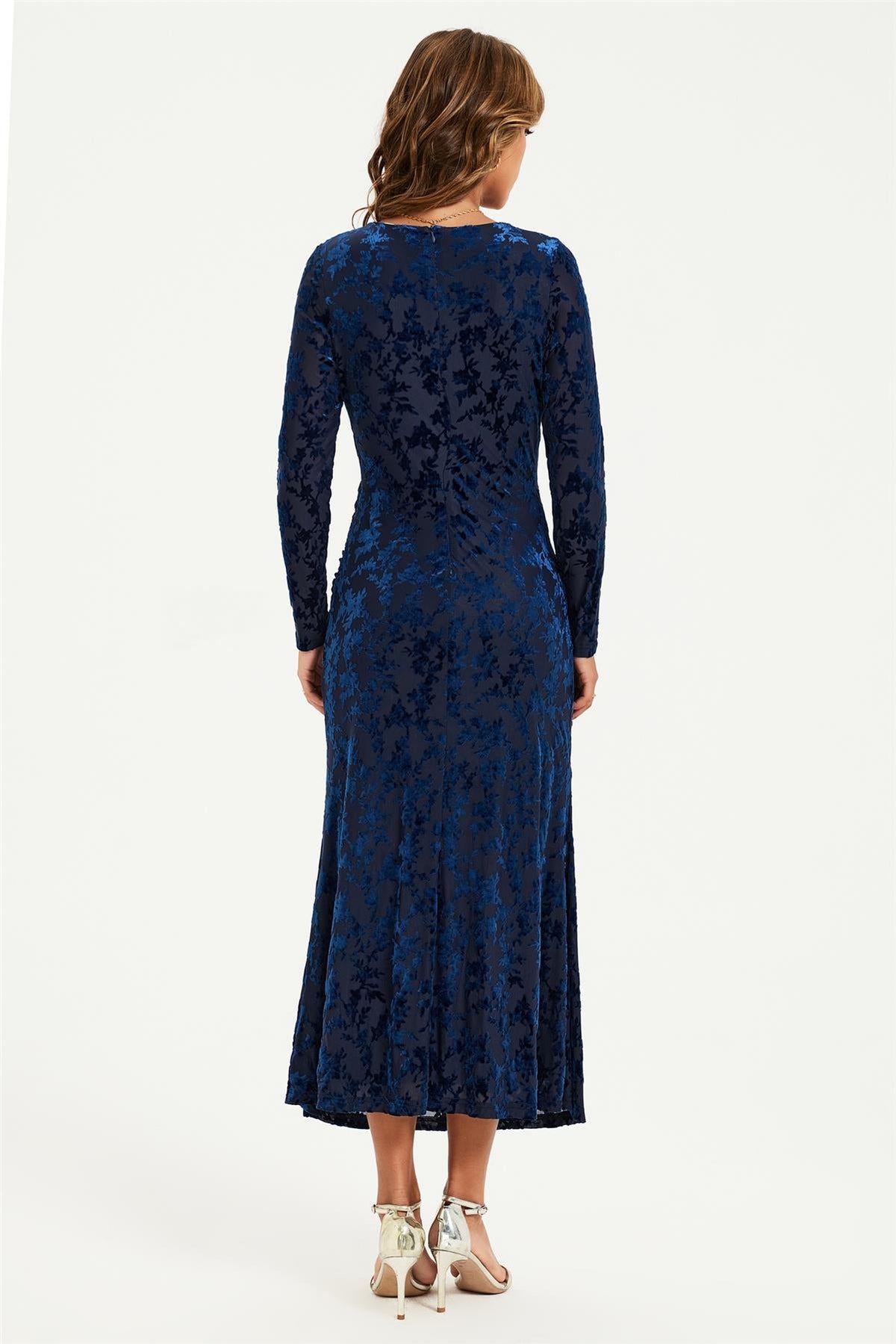 Floral Velvet Devore Long Sleeve Wrap Midi Dress In Navy