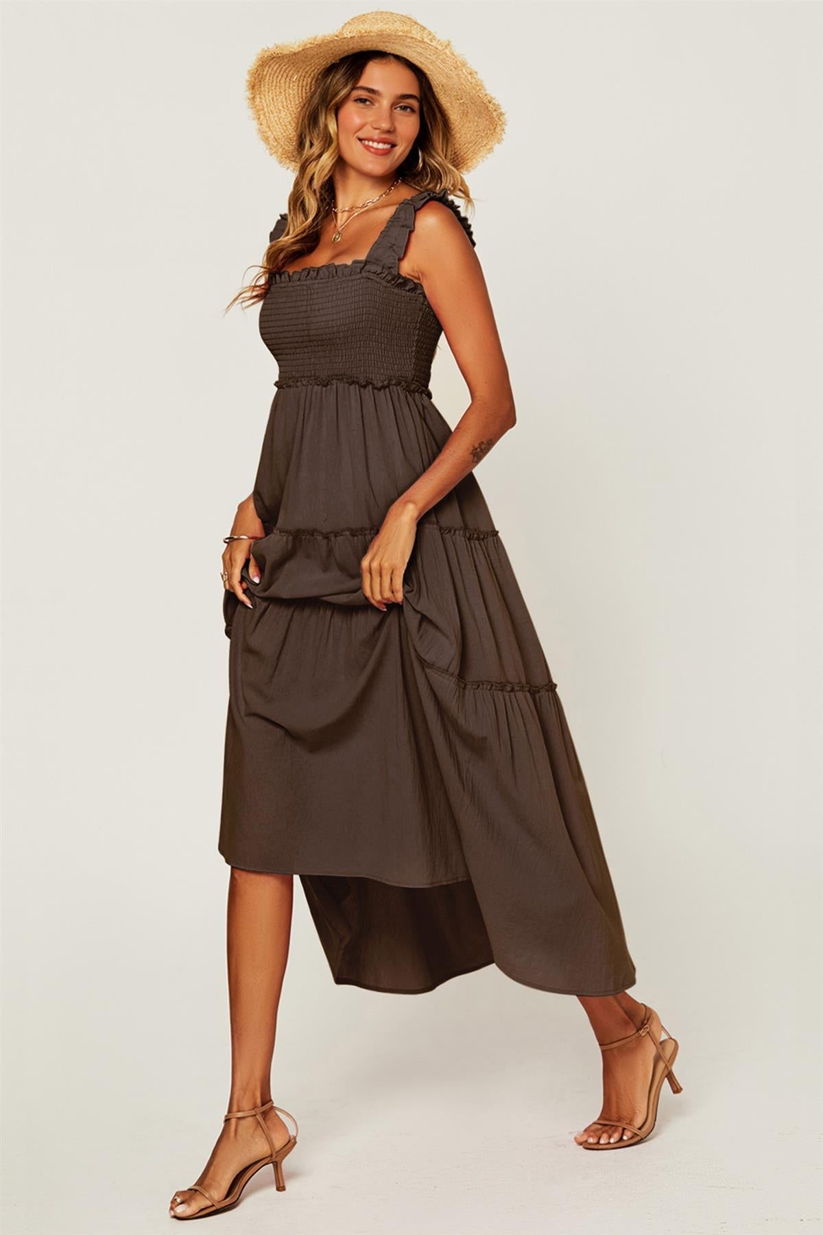 FS Collection Hem Detail Tiered Maxi Dress In Brown