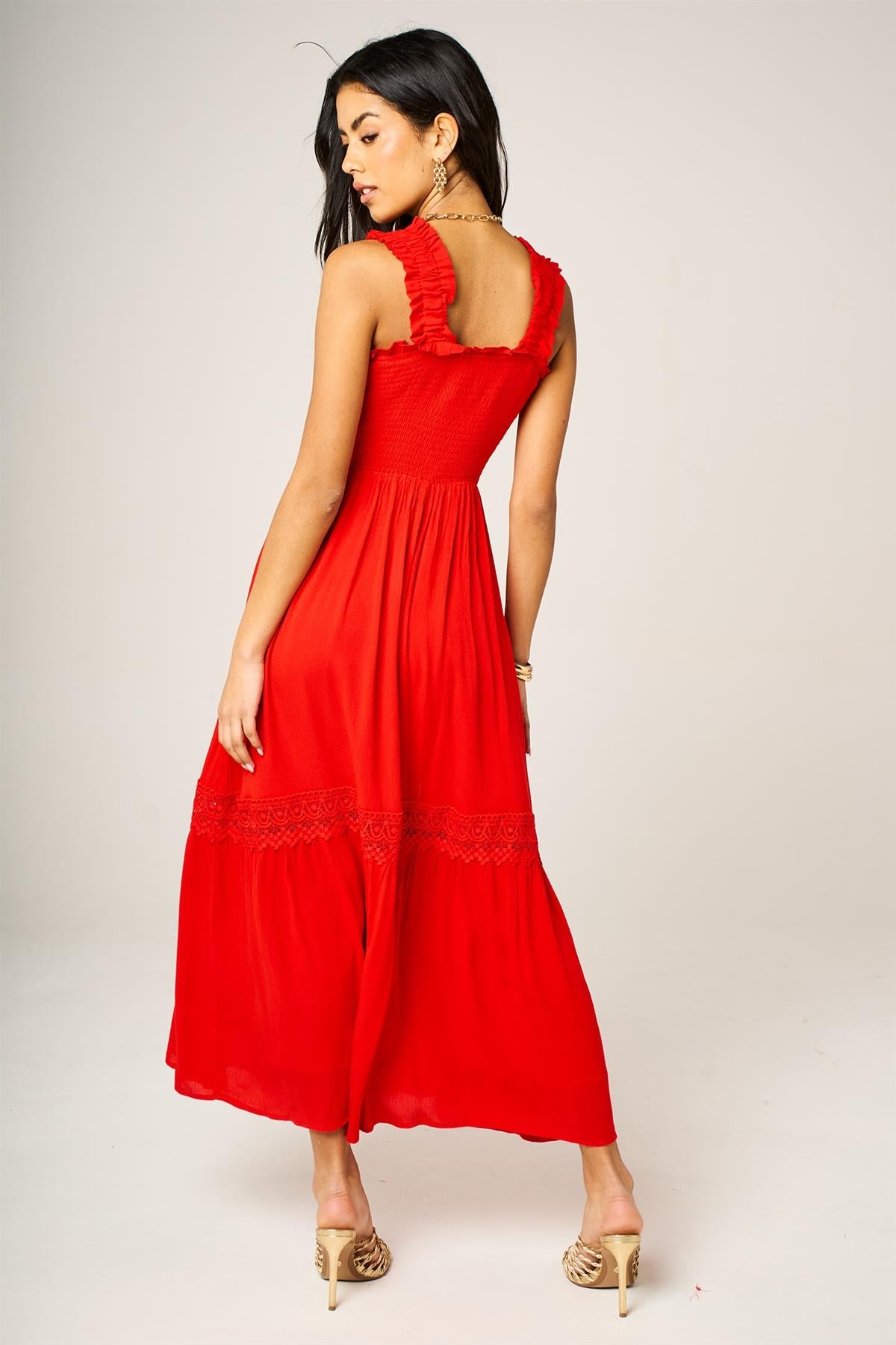 Lace Detail Tiered Maxi Dress In Red