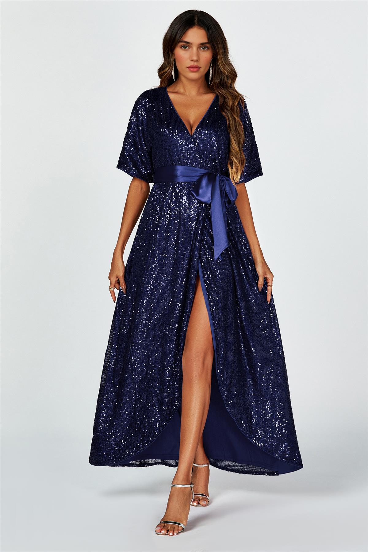 FS Collection Wrap Style Navy Blue Sequin Maxi Dress