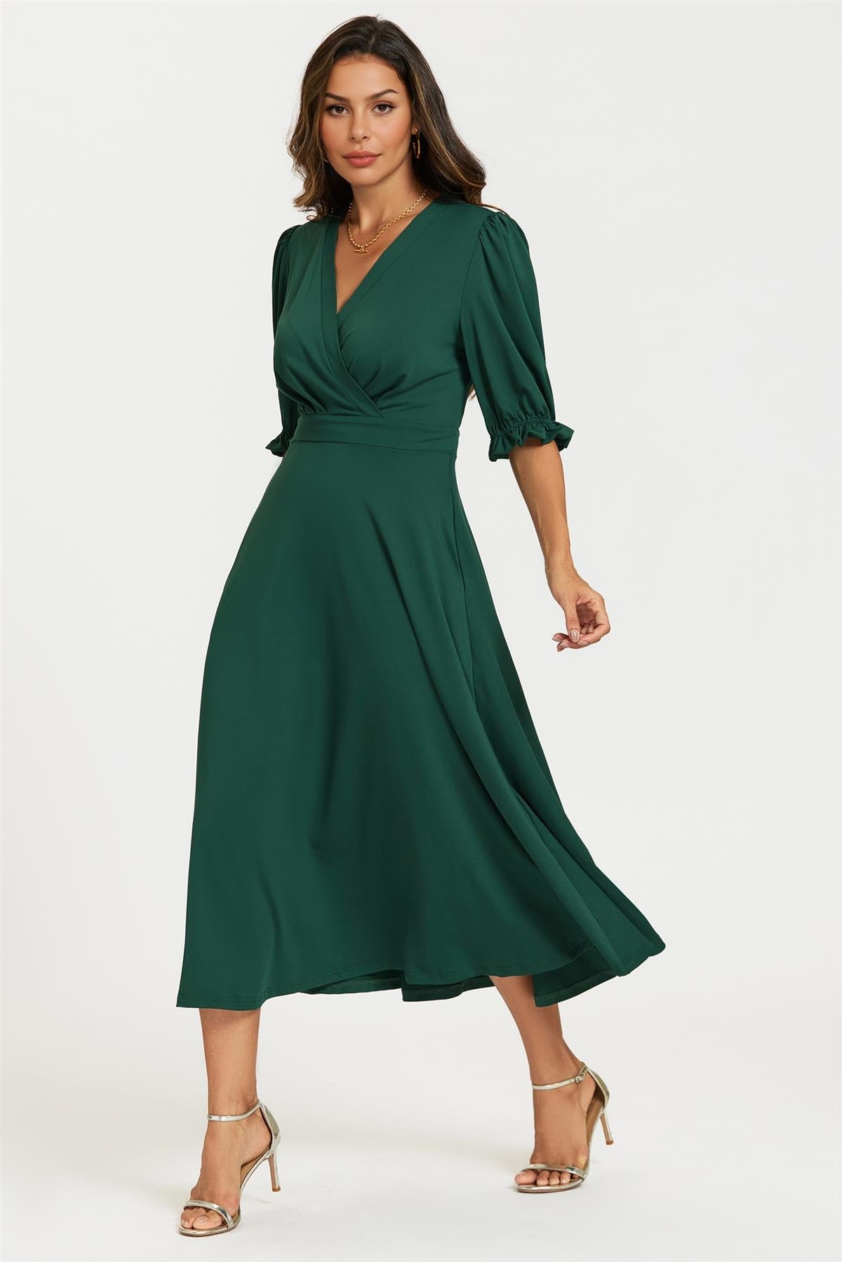 FS Collection Half Sleeve Jersey Green Midi Dress