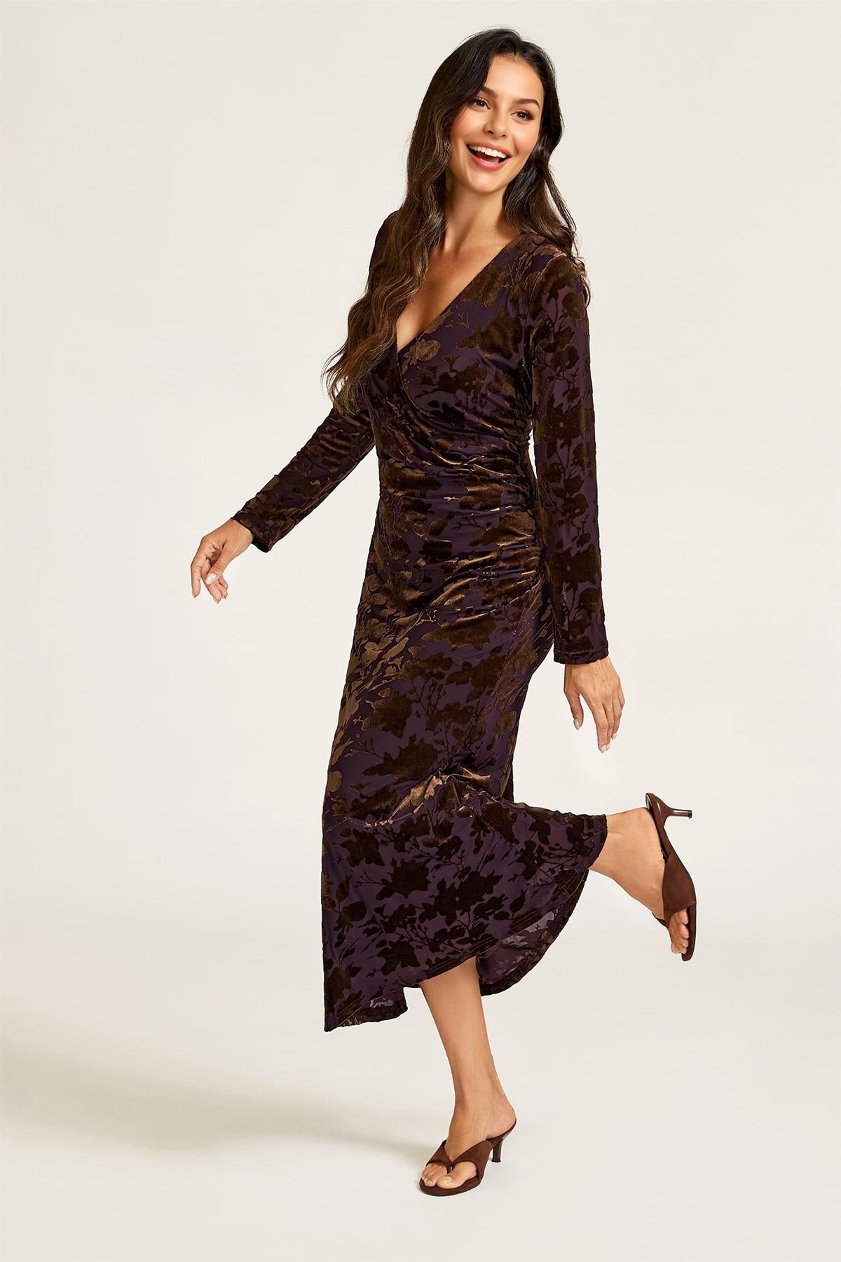 FS Collection Floral Velvet Brown Devore Long Sleeve Wrap Midi Dress