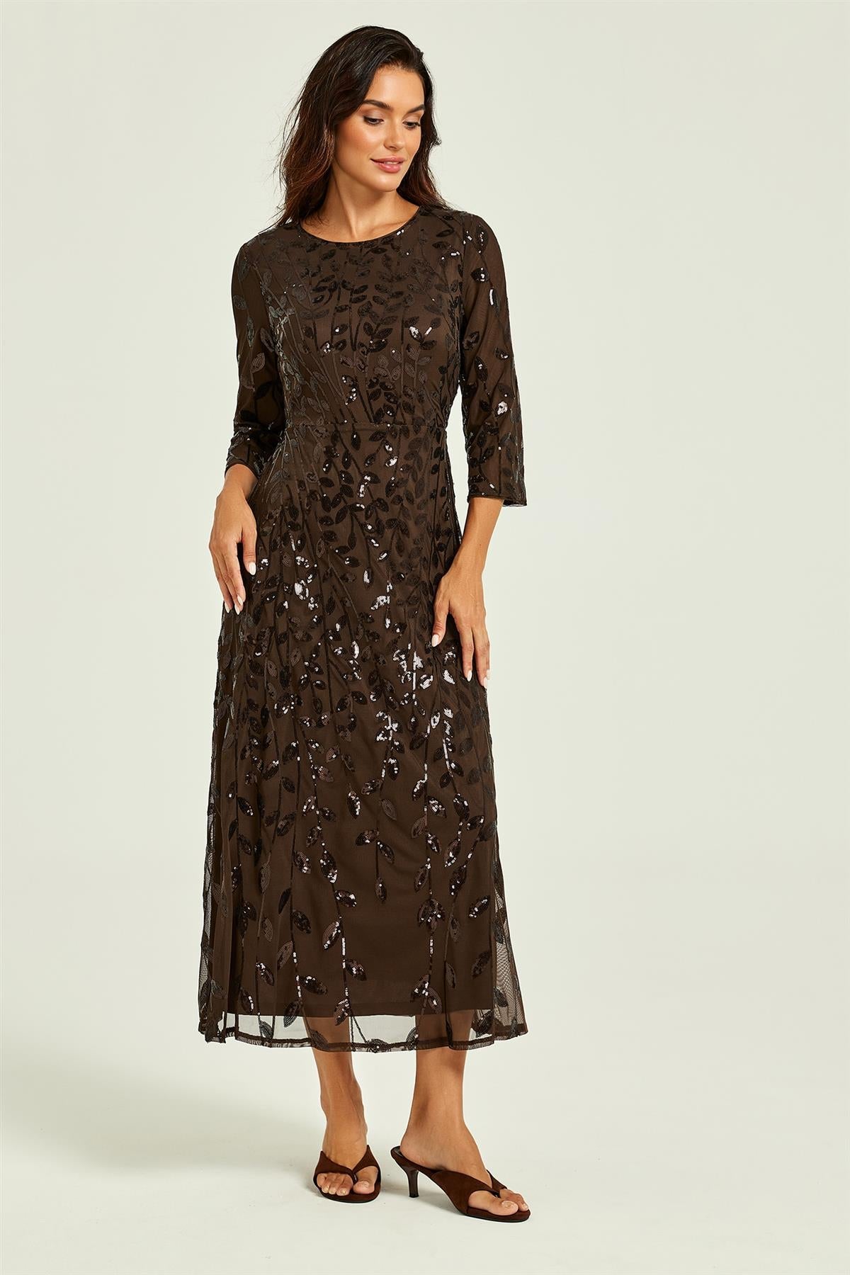 FS Collection Sequin Leaf 3/4 Sleeve Bridesmaid Midi Dress In Brown