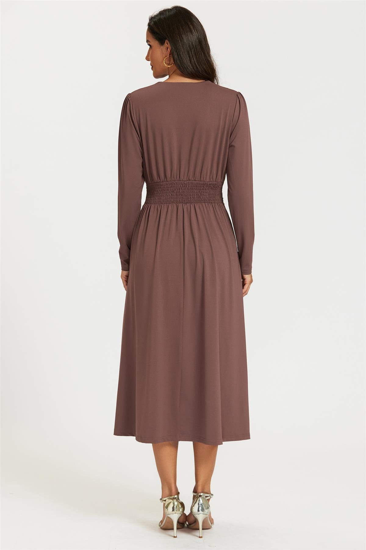 FS Collection Jersey Long Sleeve Brown Midi Dress
