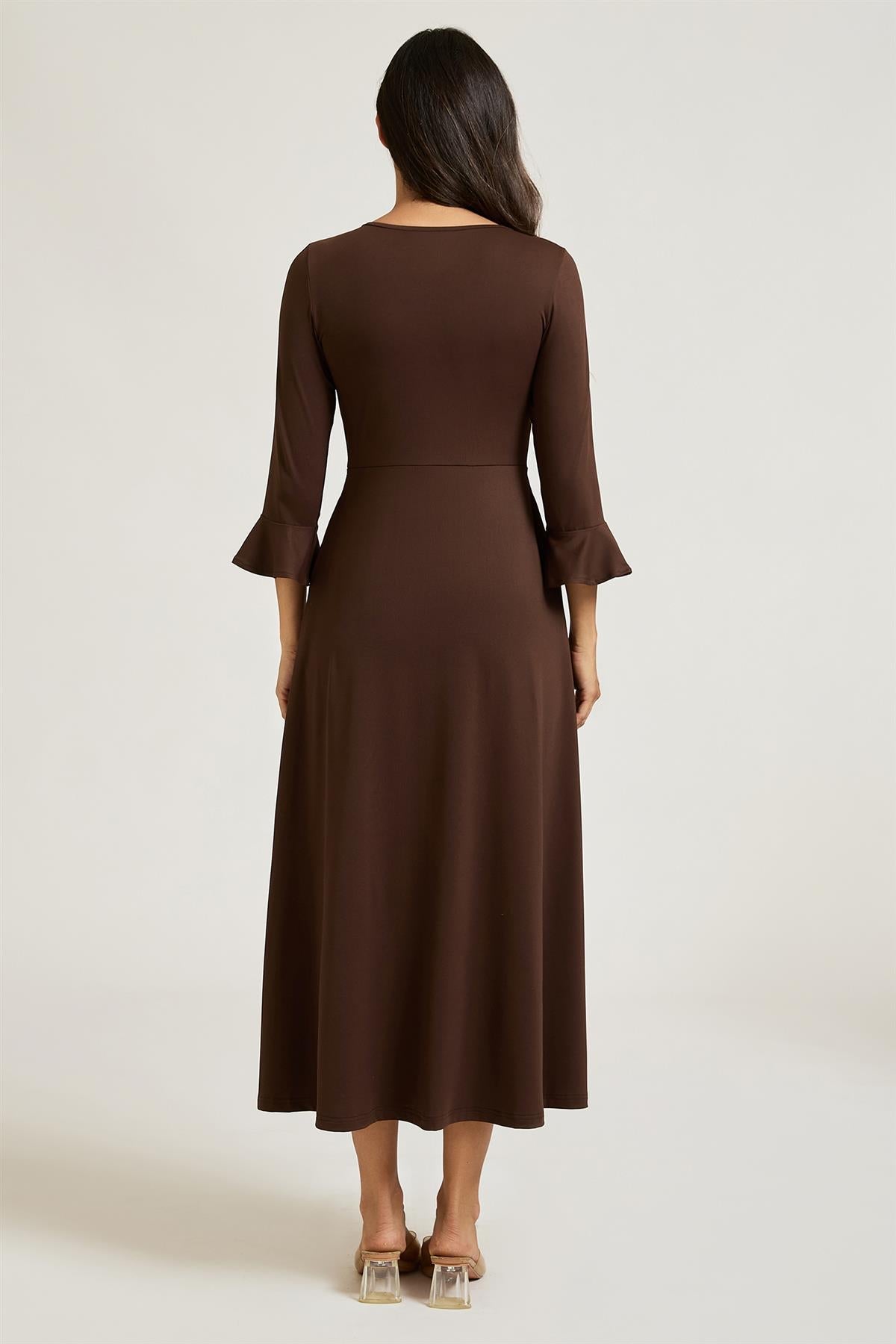Fluted Sleeves Ruched Jersey Midi Dress In Brown