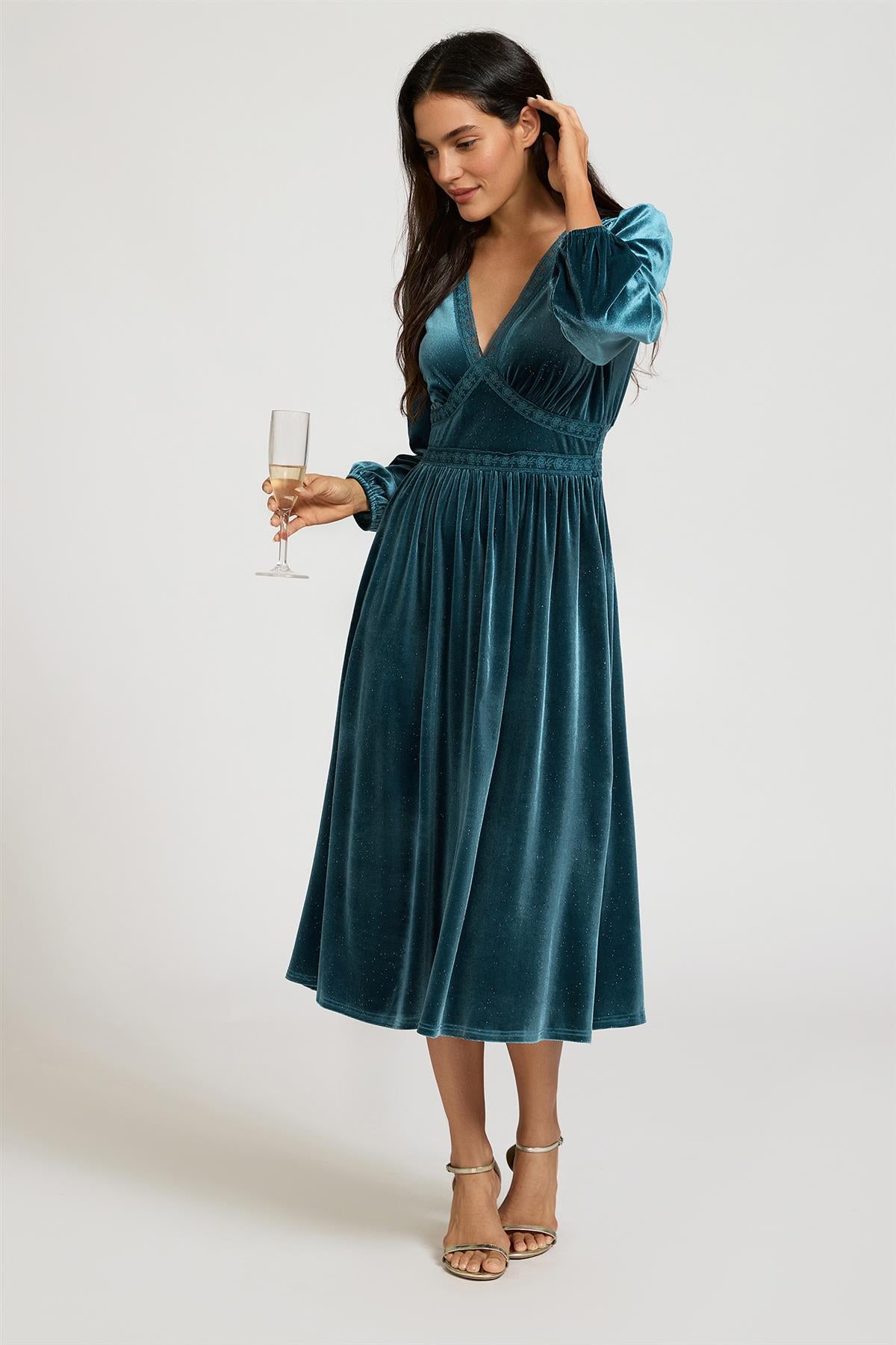 FS Collection Silver Foil Velvet Lace Trim Neckline Midi Dress In Teal